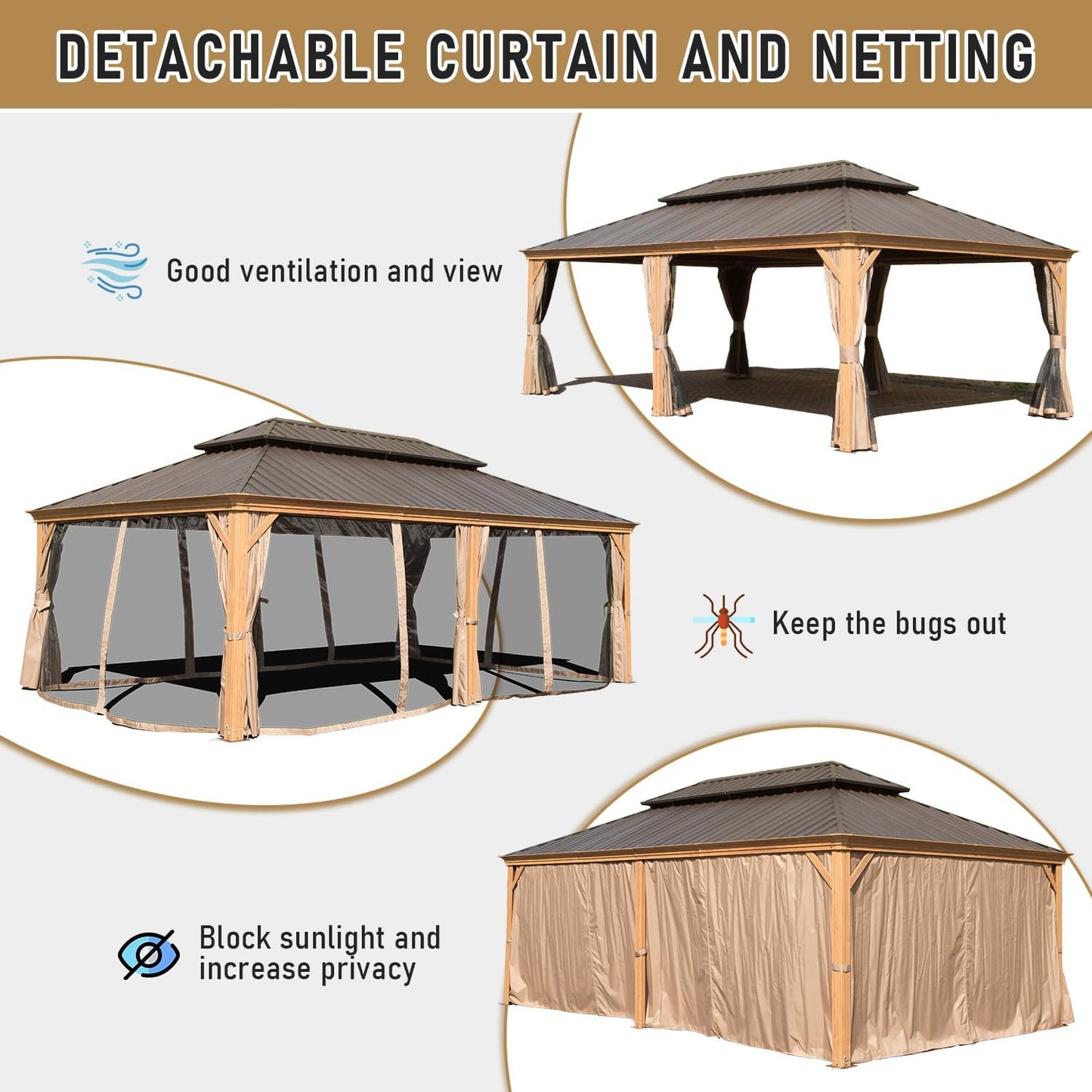 14x24FT Hardtop Gazebo With Galvanized Steel Double Roof