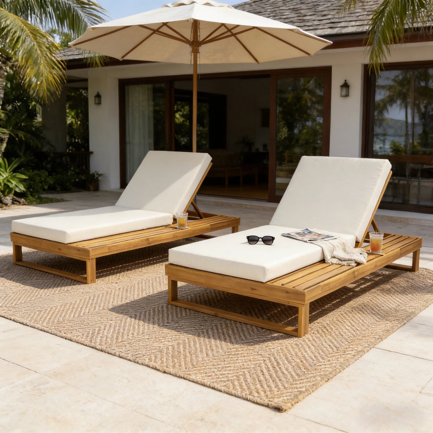 Teak Finish Acacia Wood Chaise Lounge with 4-Inch Cushion