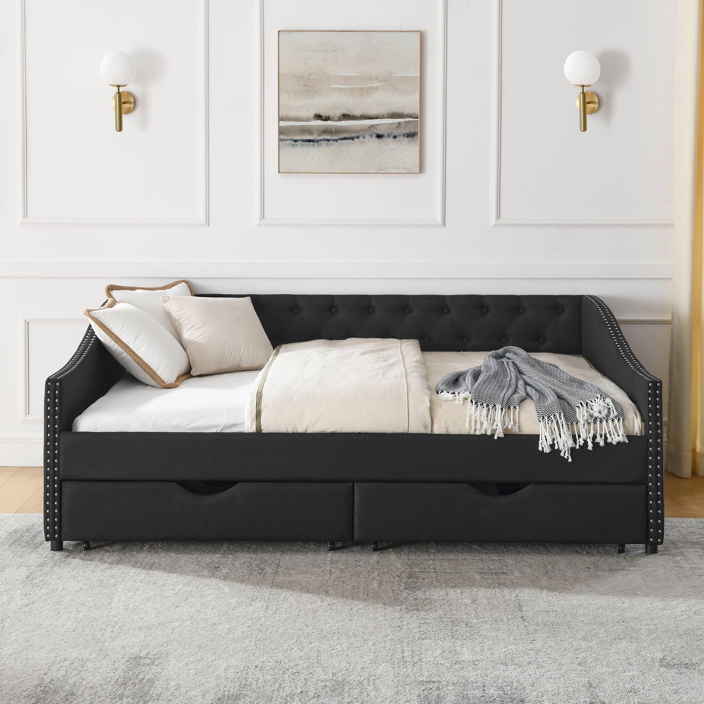 Upholstered Tufted Daybed With 2 Drawers, Waved Arms
