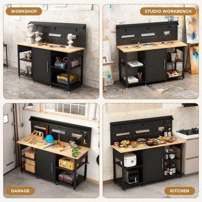 Workbench With Storage Cabinet And Pegboard - Black