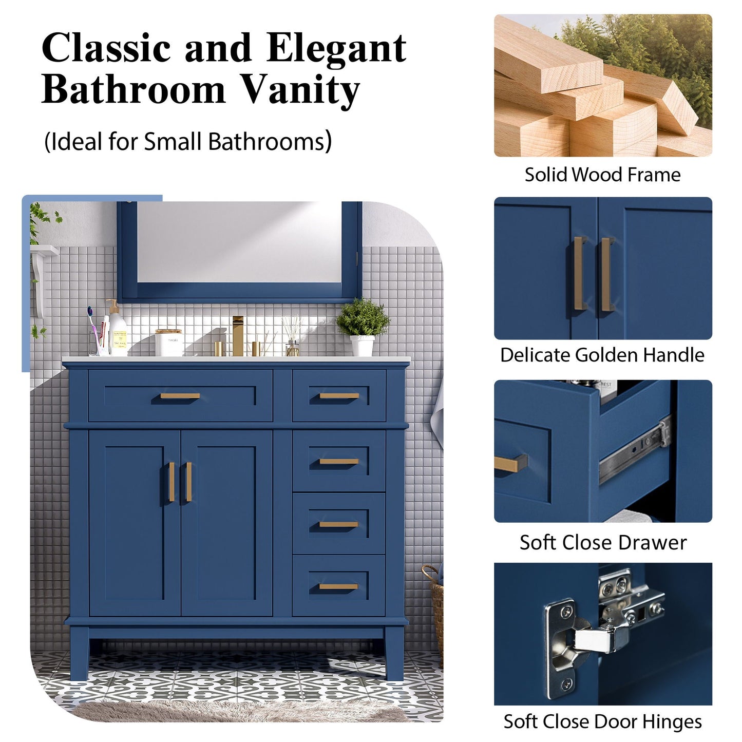 Bathroom Vanity With Ceramic Sink, Soft-Close Doors, 4 Storage Drawers - Blue
