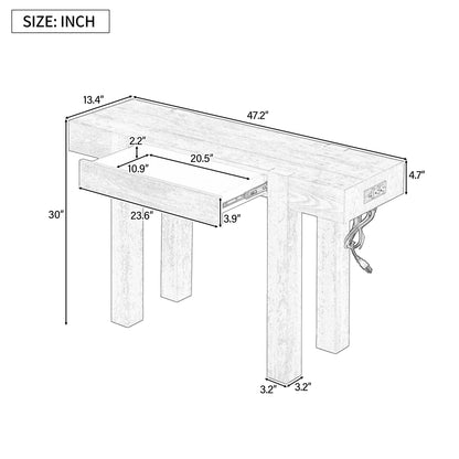 TREXM Rustic Minimalist Console Table with Hidden Drawer, Side Power Outlet