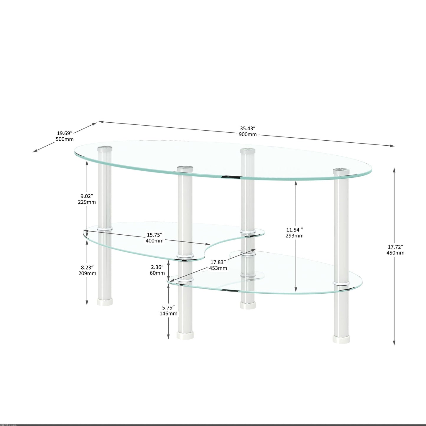 Transparent Oval Glass Coffee Table, Modern Table In Living Room Oak Wood Leg Tea Table 3-Layer Glass Table