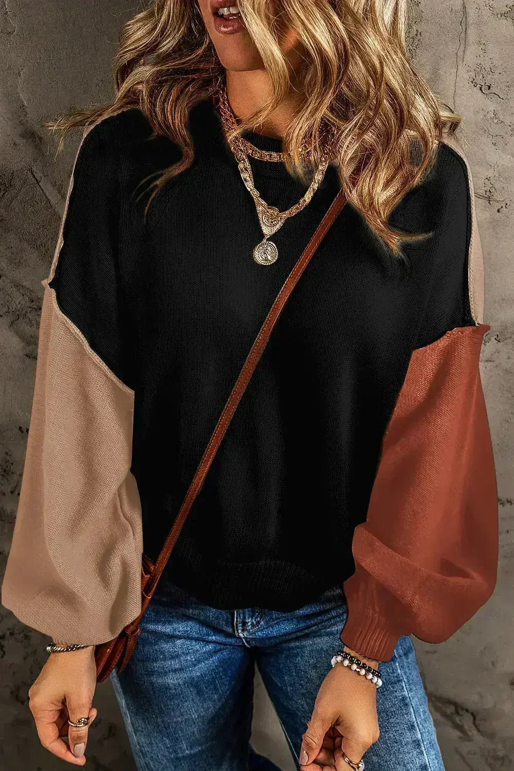 Colorblock Bishop Sleeve Sweater - Ribbed Trim | Femstylo