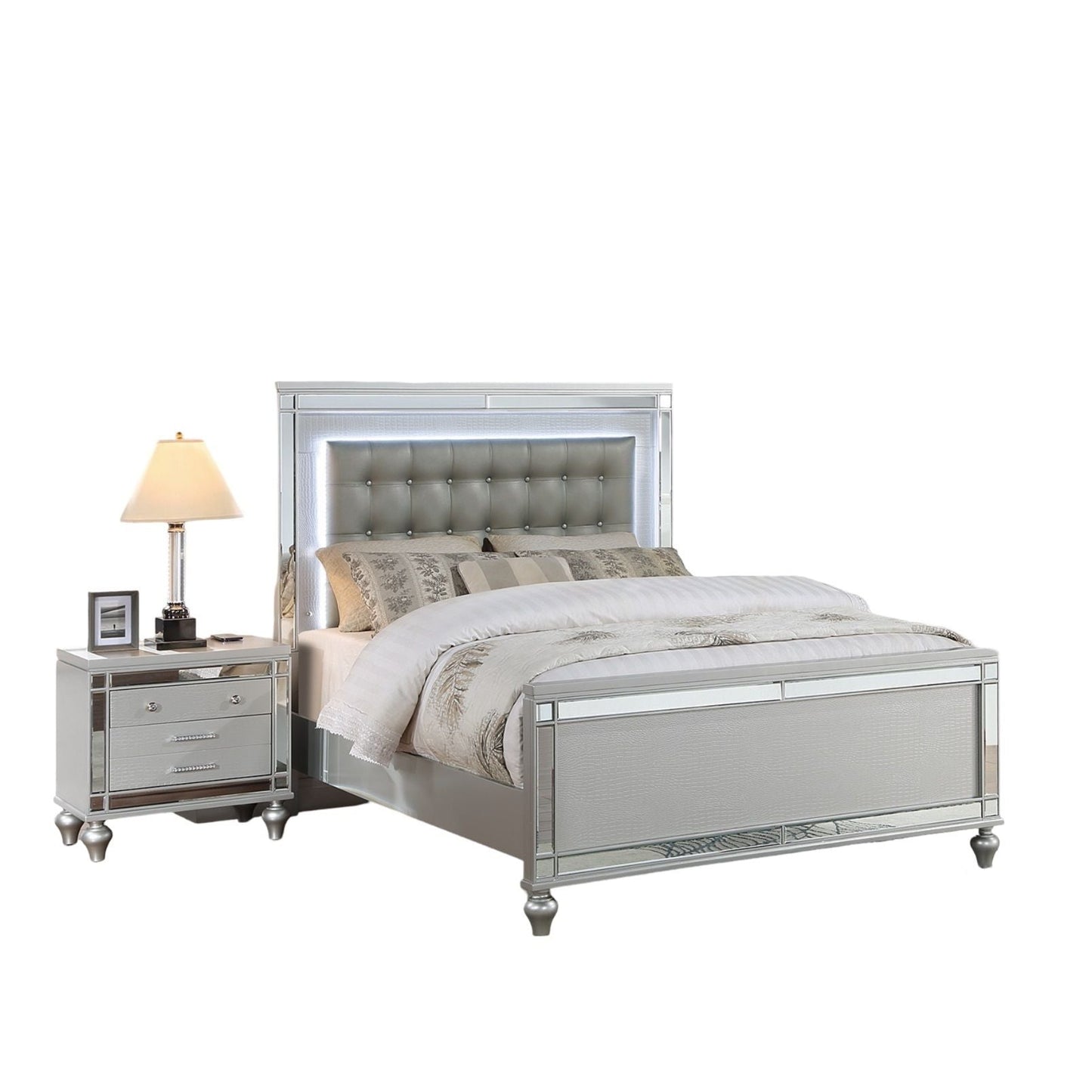 3 Piece Bedroom Set, Sleek Modern Bed With LED Nightstands