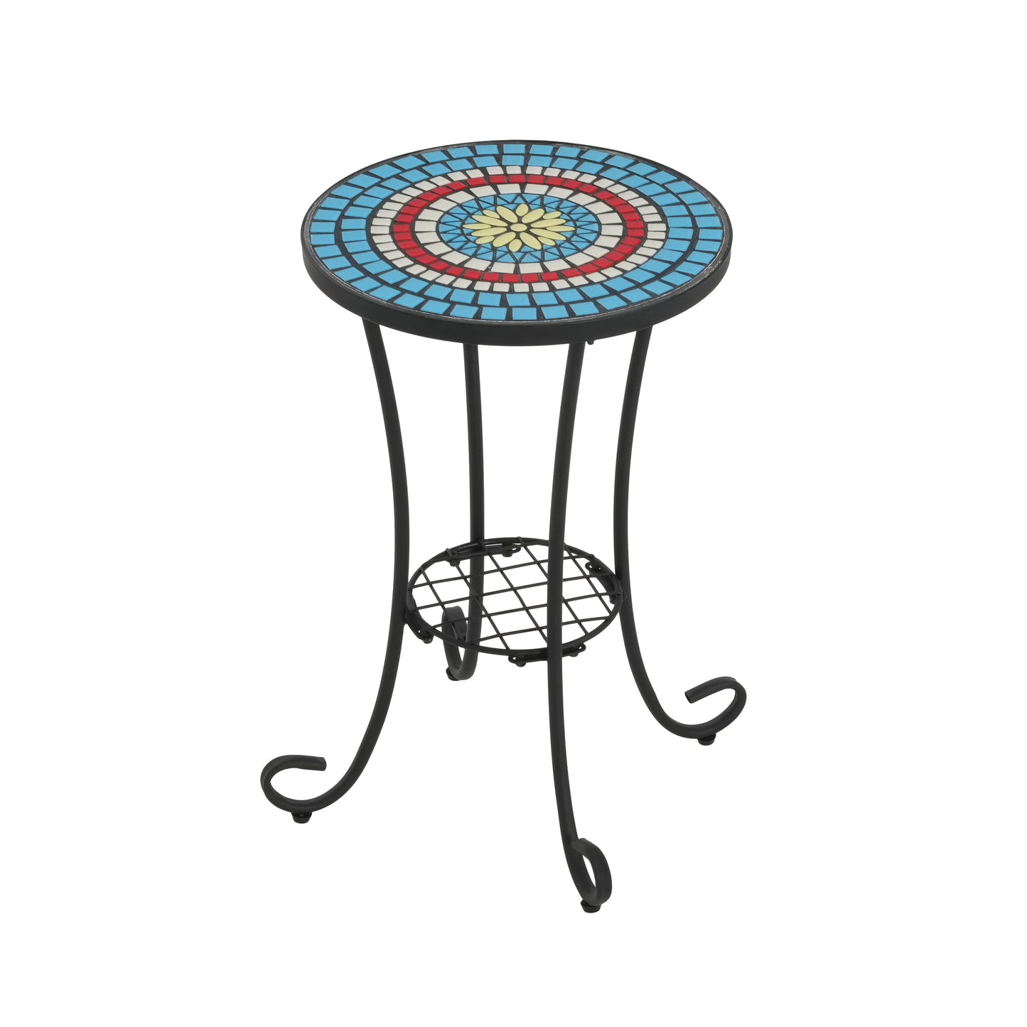 Patio Side Table with Shelf, Blue and Black