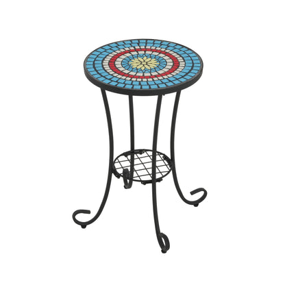 Patio Side Table with Shelf, Blue and Black