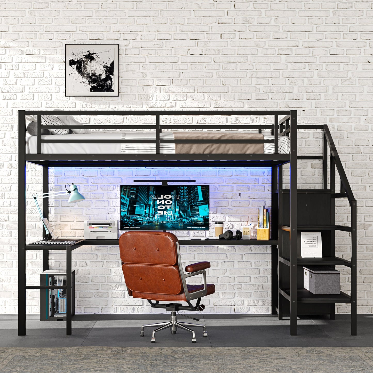 Full Size Loft Bed with L-Shaped Desk and USB