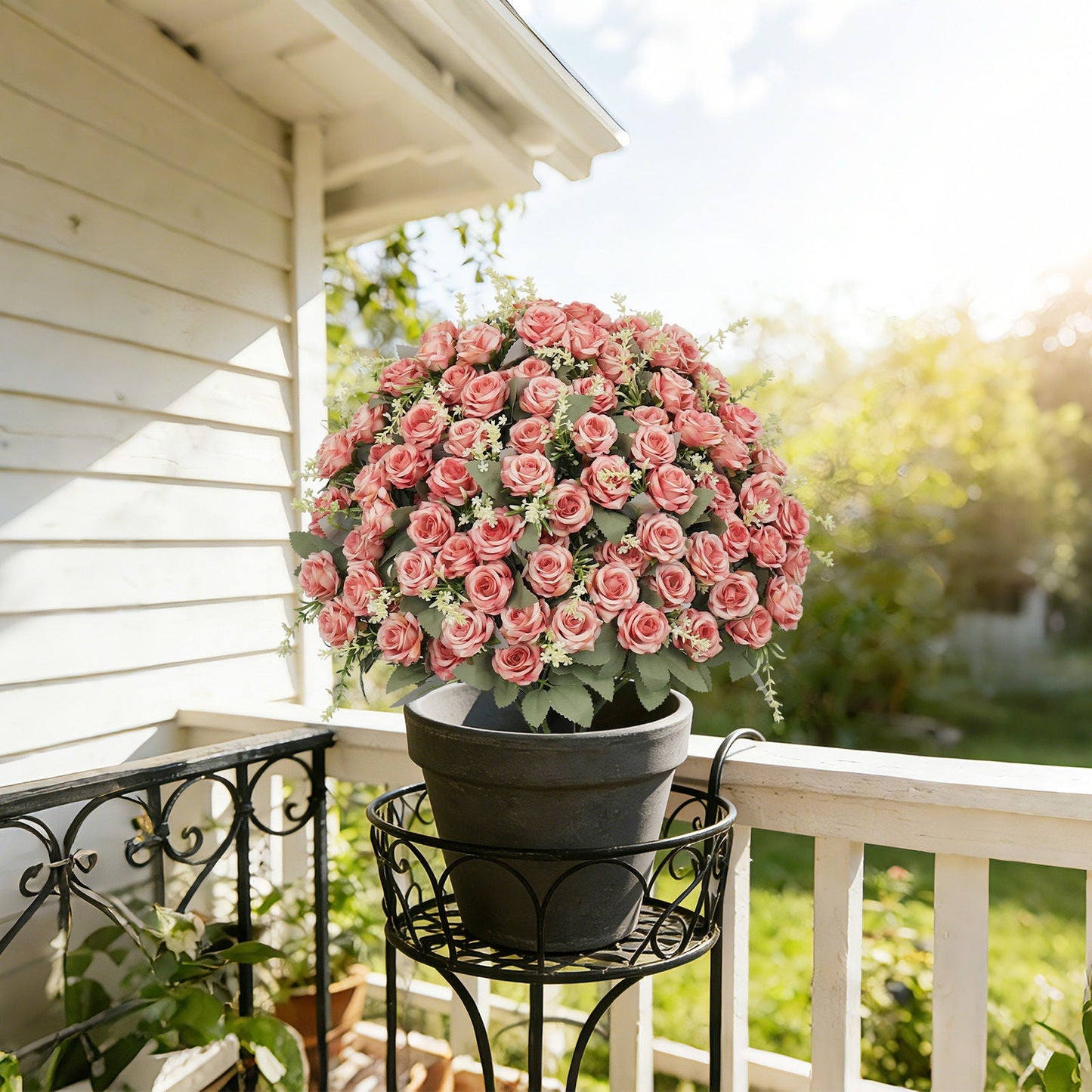 Artificial Rose Decoration With UV Resistant Silk Petals, Durable Stems In Cement Pot, Indoor Outdoor Potted Floral Arrangement - Green / Pink