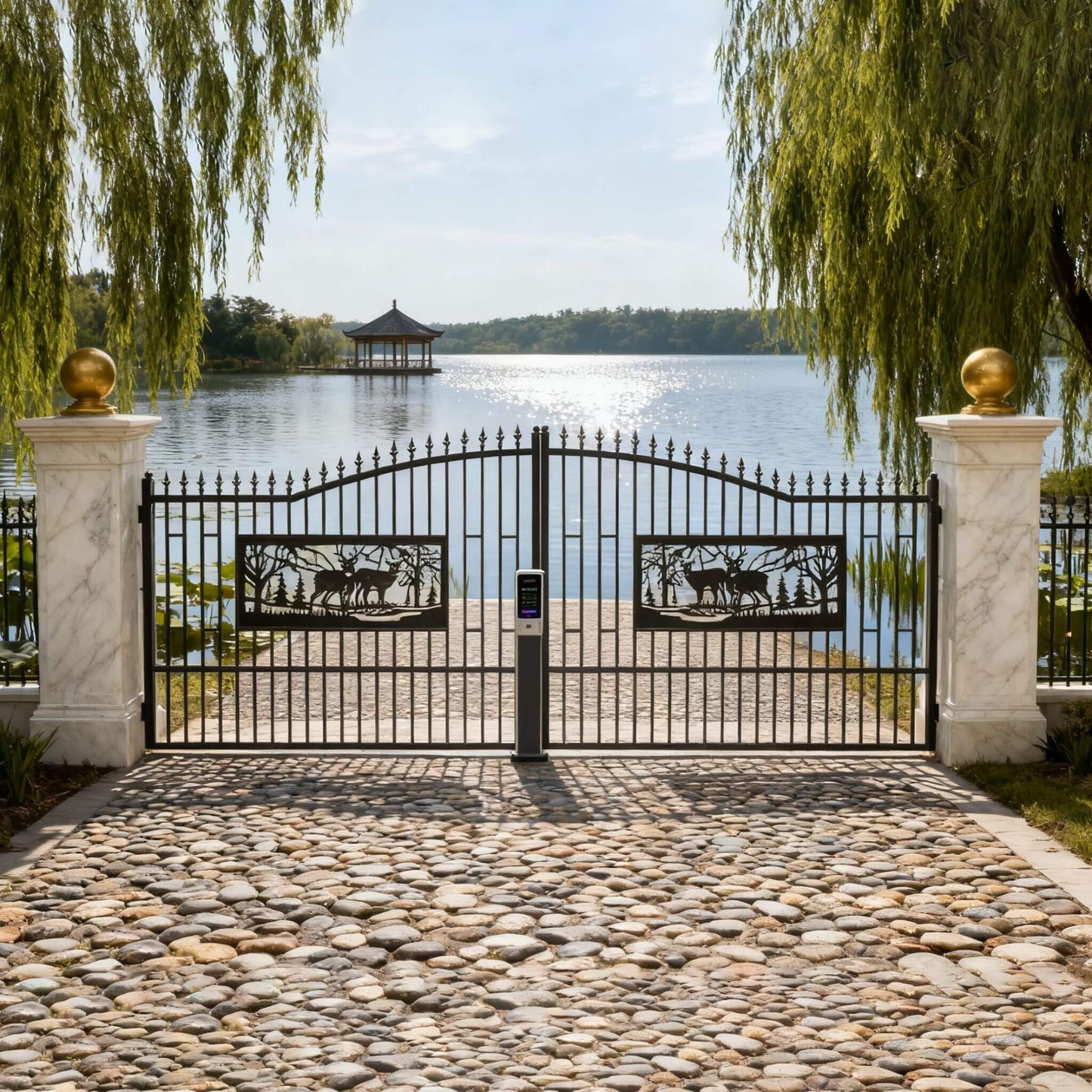 [07X20FT] Heavy-Duty Deer Motif Style Bi-Parting Galvanized Steel Driveway Entrance Gate (SAK68731)