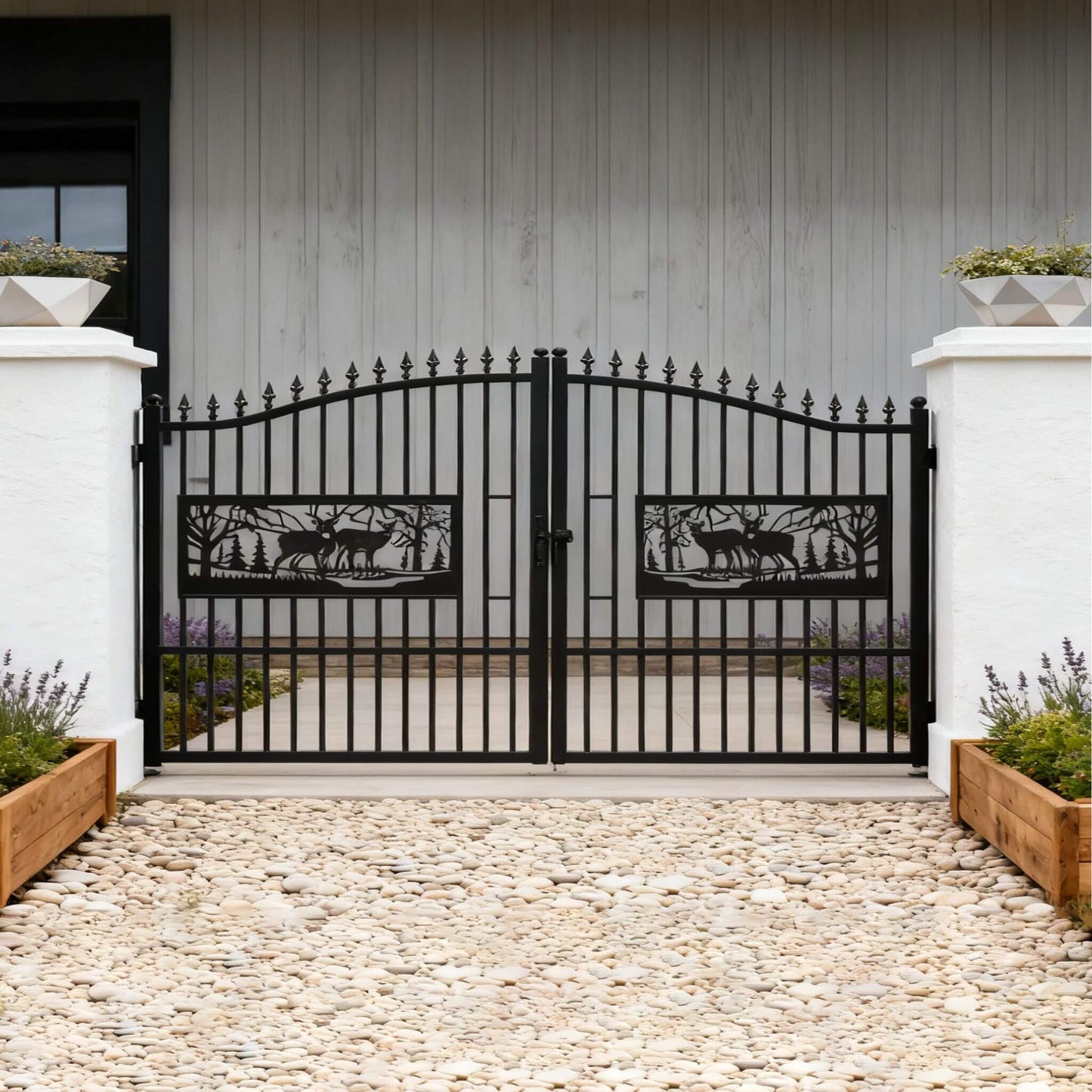 [07X20FT] Heavy-Duty Deer Motif Style Bi-Parting Galvanized Steel Driveway Entrance Gate (SAK68731)