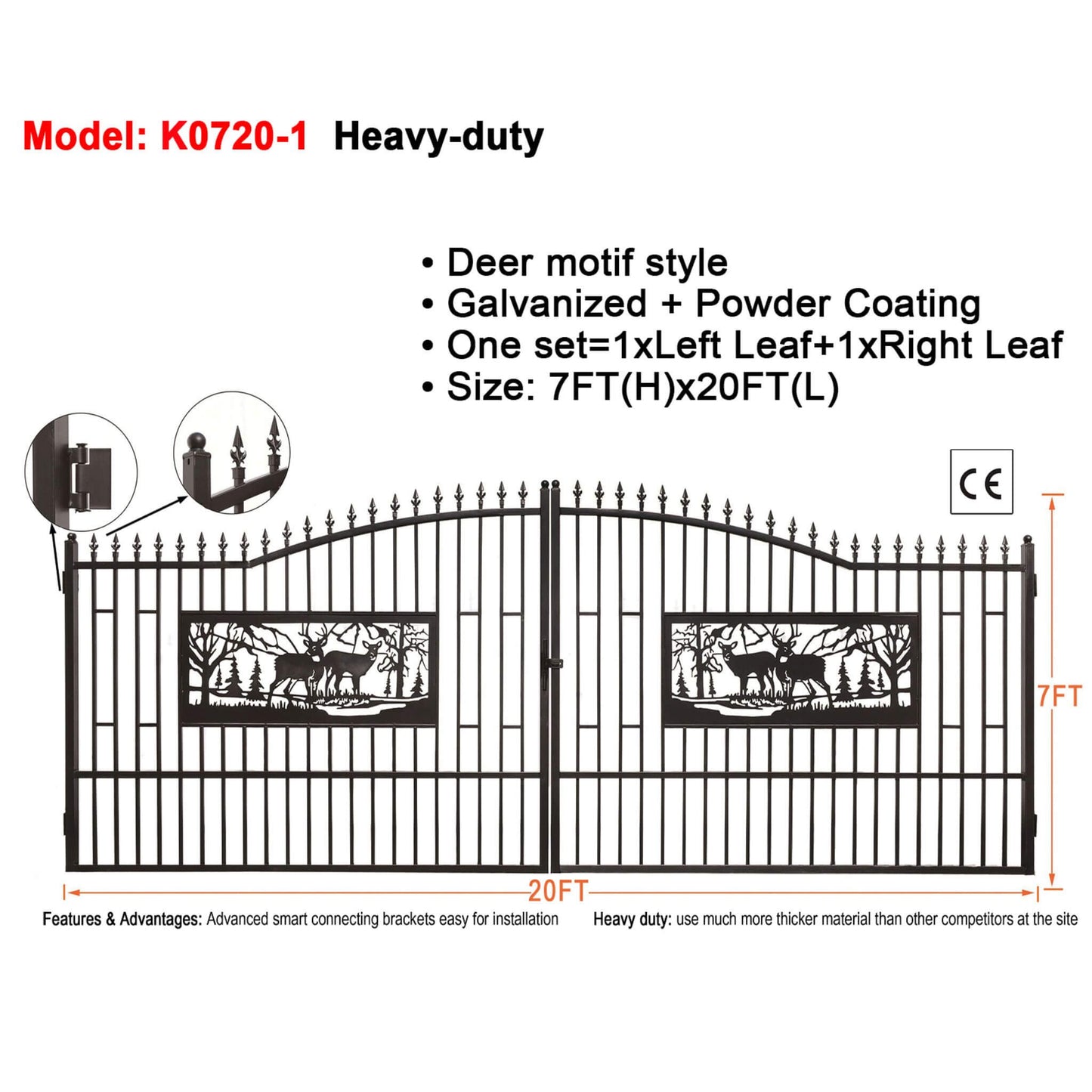 [07X20FT] Heavy-Duty Deer Motif Style Bi-Parting Galvanized Steel Driveway Entrance Gate (SAK68731)