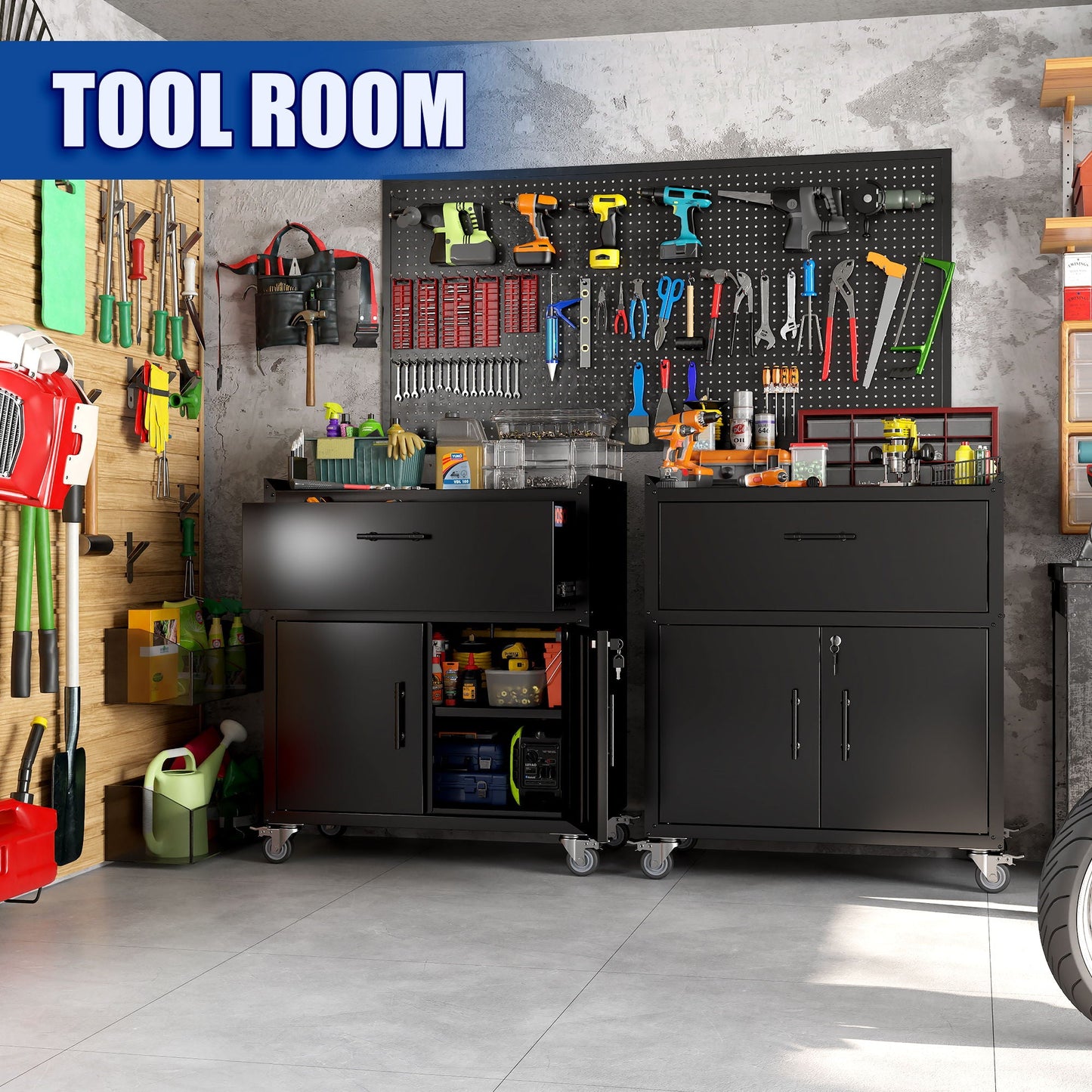 Rolling Metal Tool Storage Cabinet, Lockable Garage Storage Cabinet, Locking Metal Storage Cabinet With Wheels, Rolling Tool Chest, Assembly Required - Black