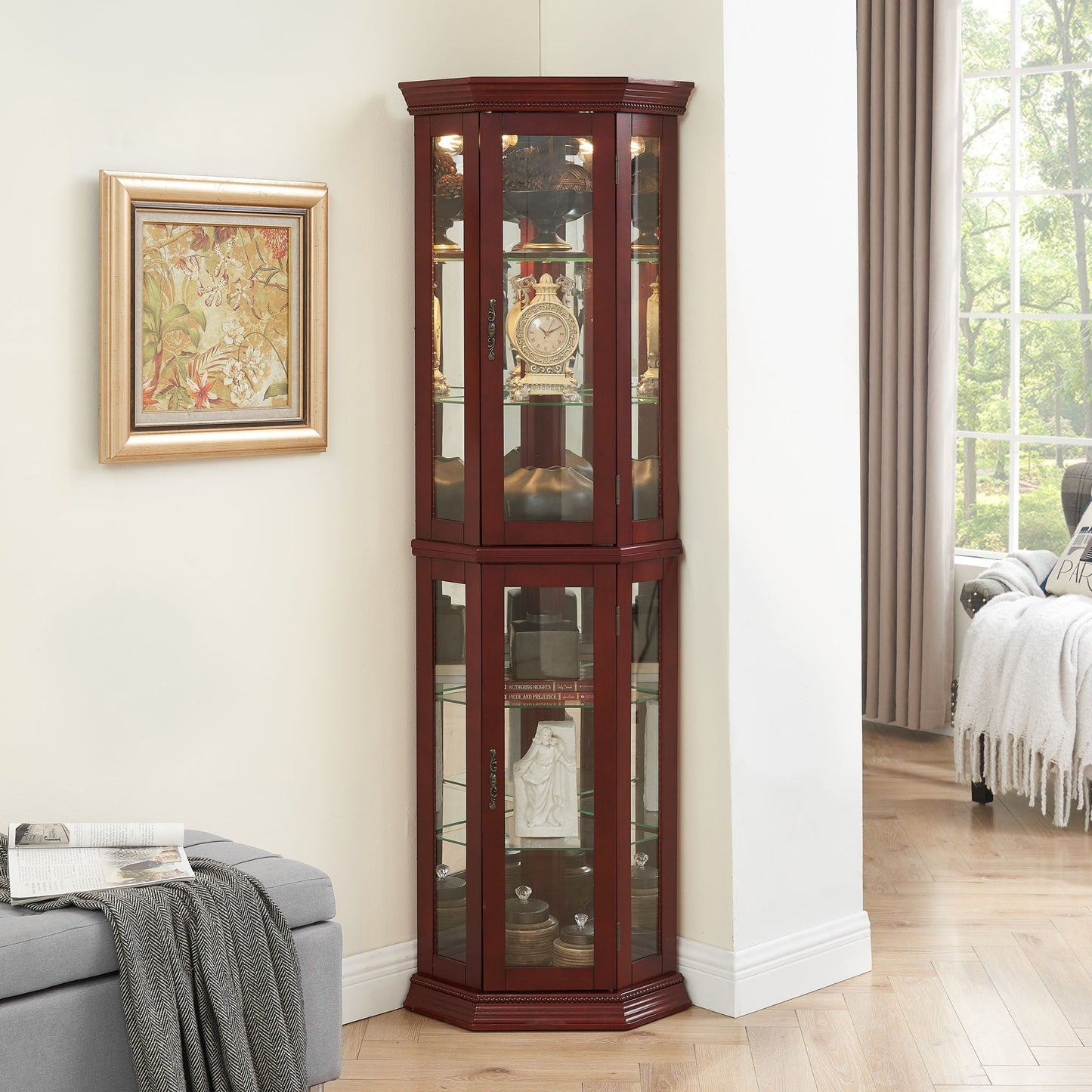 Corner Curio Cabinet With Lights, Adjustable Tempered Glass Shelves, Mirrored Back, Display Cabinet (E26 Light Bulb Not Included)