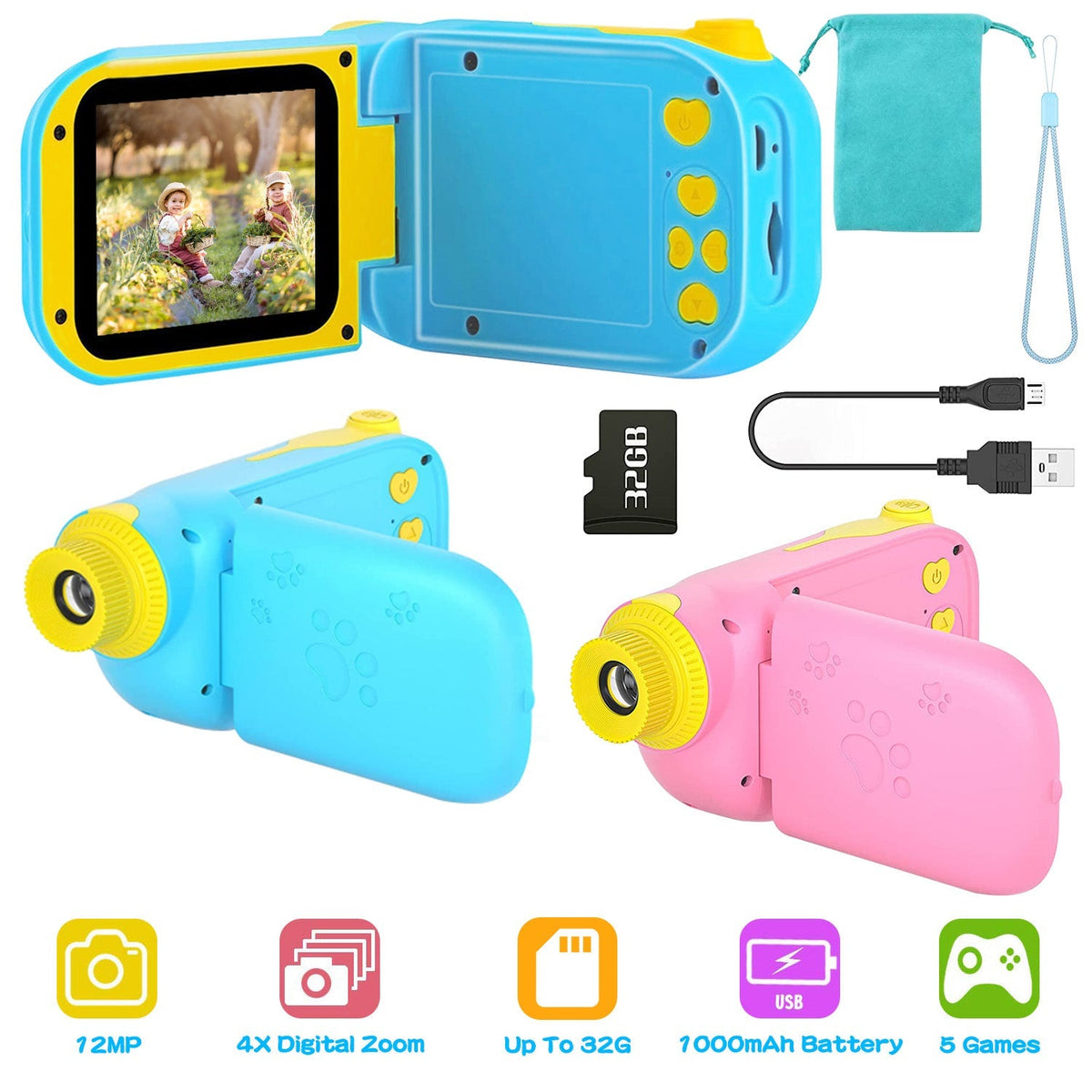 Kids Digital Camera Child Video Camera Children Camcorder Christmas Toy Birthday Gifts with 2.4in Screen 4X Digital Zoom 5 Games 32G MMC Card for 3-10