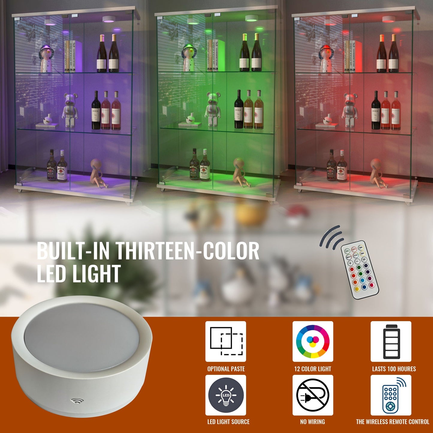 Modern Display Cabinet With LED Lights, Transparent Tempered Glass 2 Door Storage Case With 3 Shelves