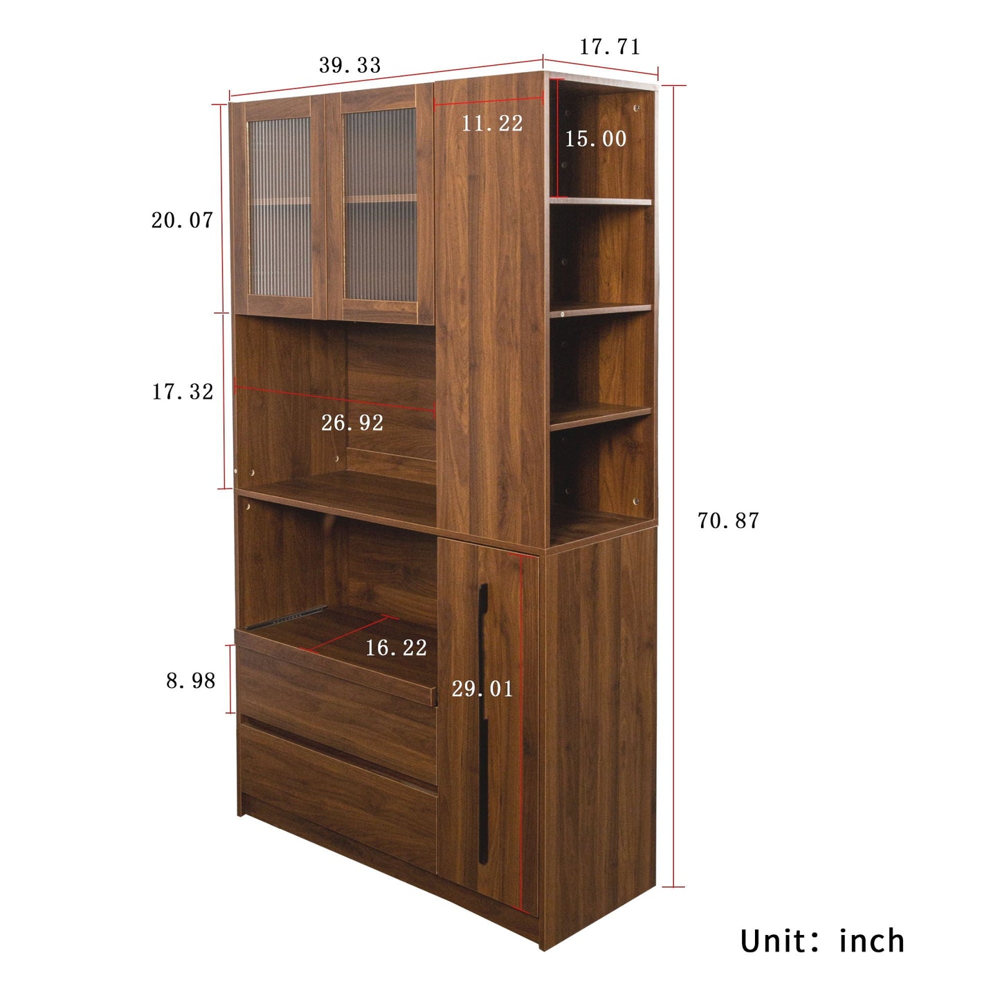 Tall Kitchen Pantry Cabinet With 4 Tier Side Shelf, 2 Drawers, Freestanding Food Hutch With Microwave Stand For Dining Room - Walnut