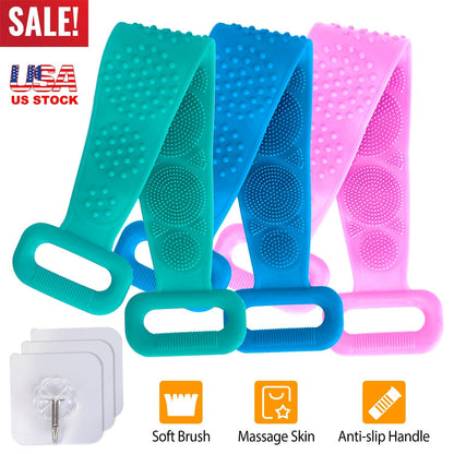 Silicone Back Scrubber Belt For Shower Exfoliating Foaming Body Wash Strap Brush Bristles Massage Dots W/ Adhesive Hook