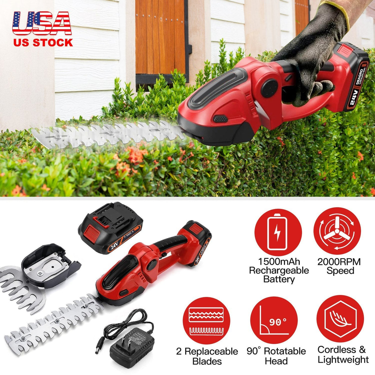 24V Cordless Handheld Grass Shear Hedge Trimmer with 90¡ Cutting Angle 2Pcs Replaceable Blades Electric Shrub Trimmer Hedge Cutter with Detachable Bat