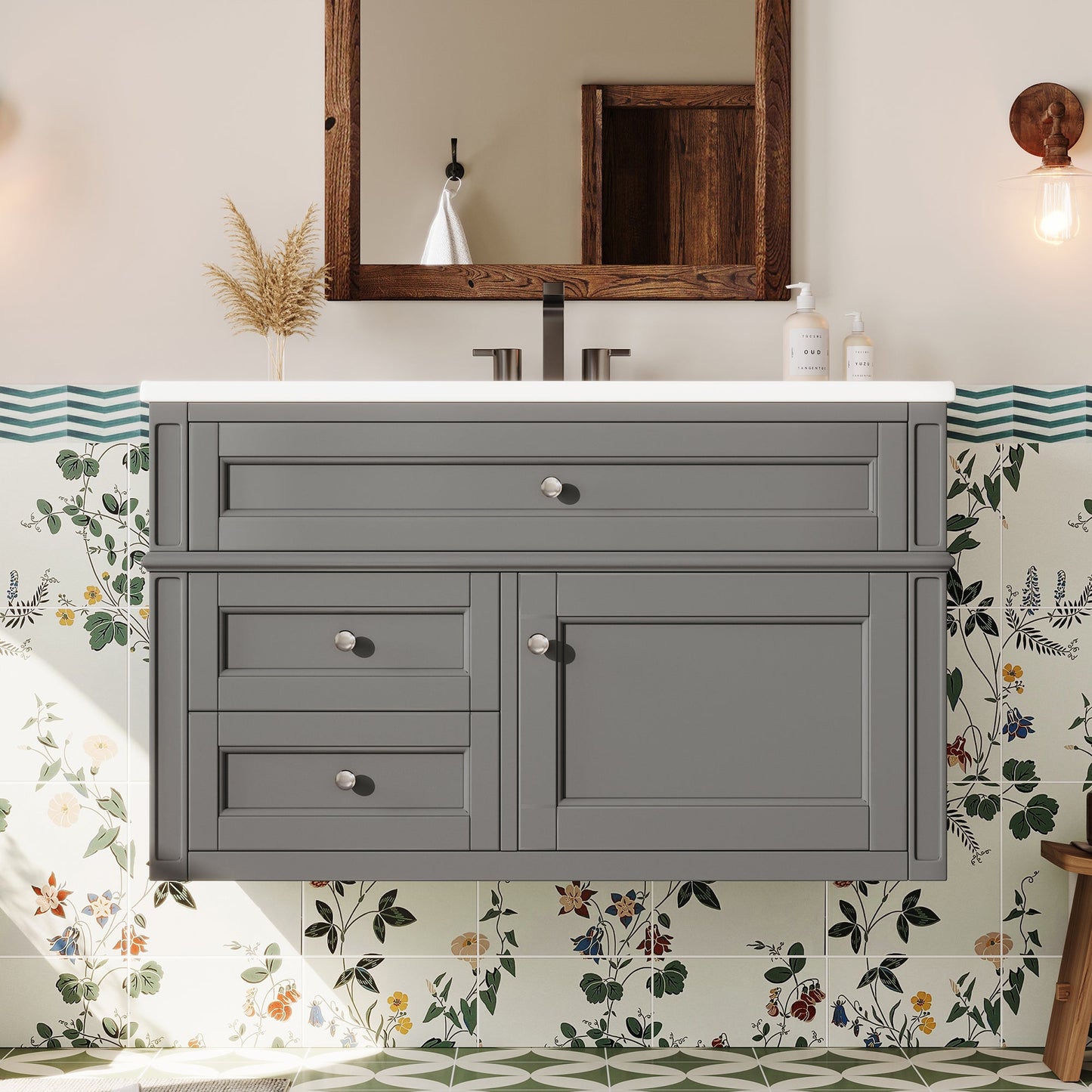 36" Wall Mounted Bathroom Vanity with Ceramic Sink and Storage