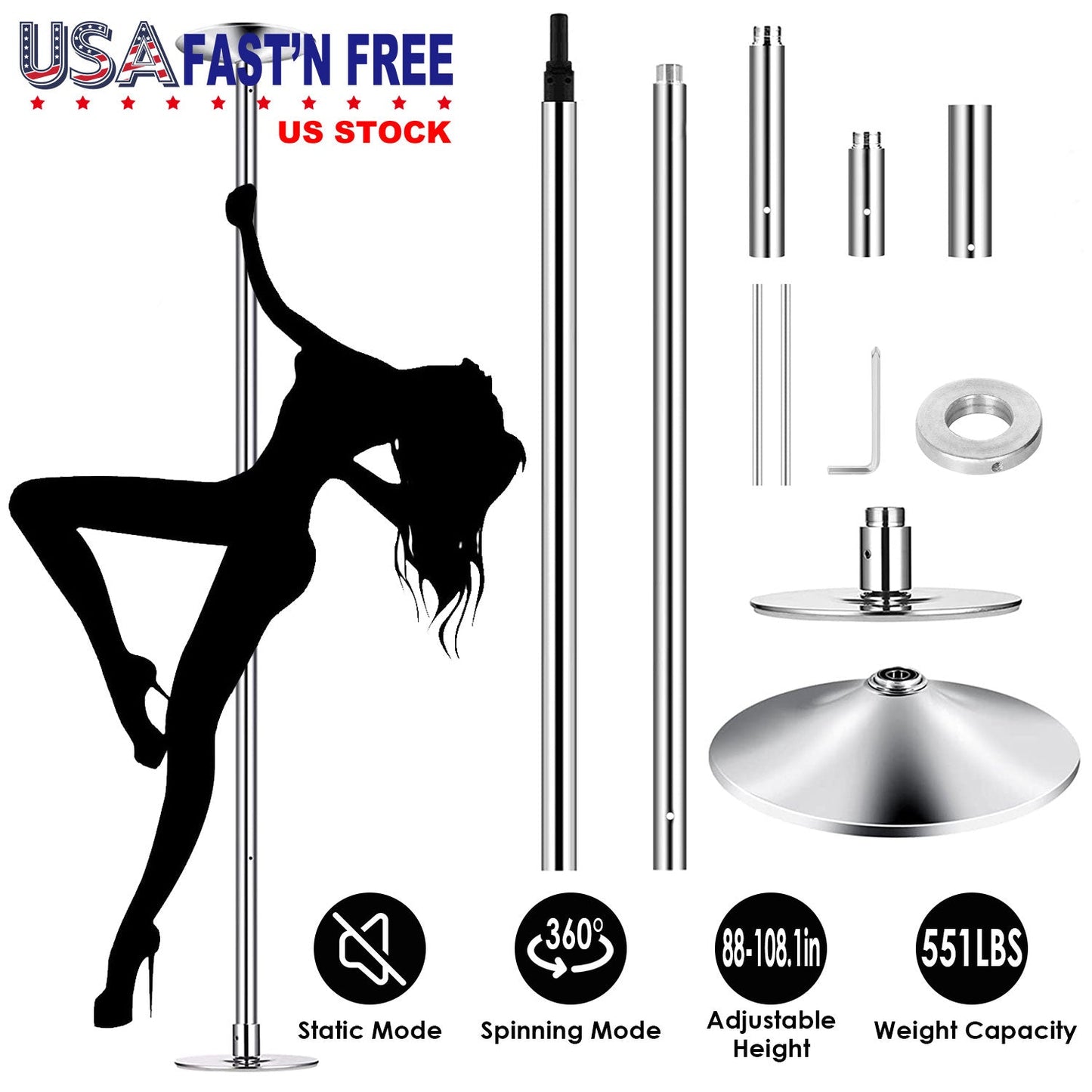 Dance Pole 45mm Spinning Static Dancing Pole with 88-108.1in Adjustable Height 551LBS Weight Capacity for Fitness Exercise Party Home Club Gy