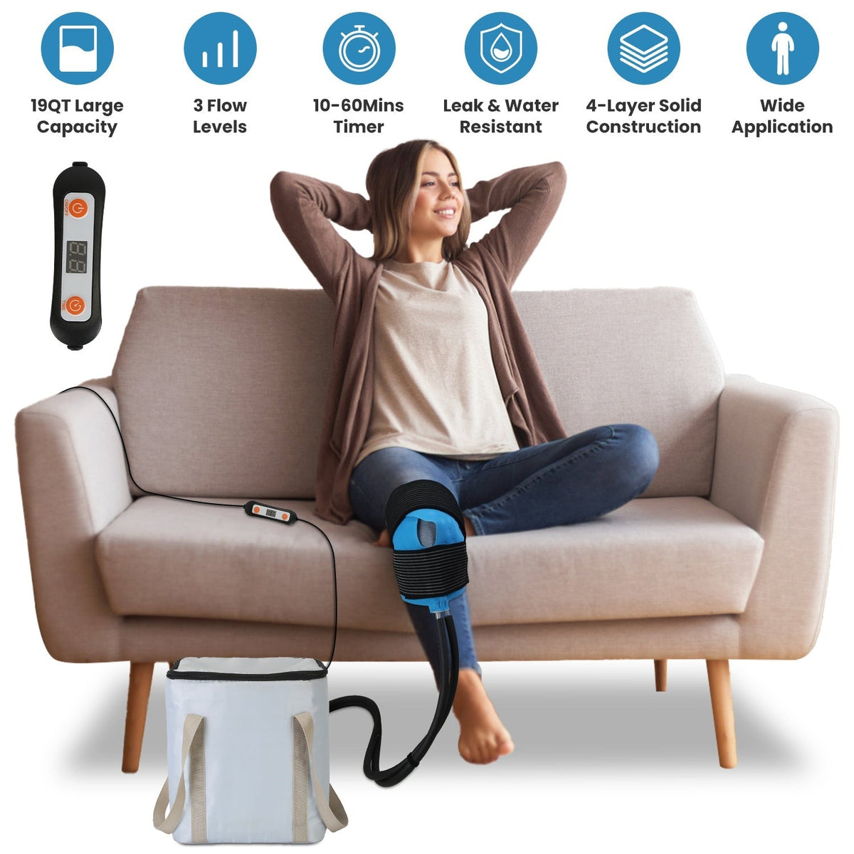 19QT Portable Cold Therapy Machine Programmable Ice Therapy Machine Cold Rush Therapy Machine System with 3 Flow Levels 10-60Mins Timer 3 Elastic Band