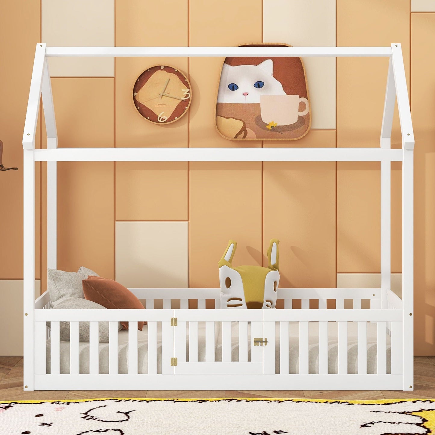 Wood House Bed With Fence And Door