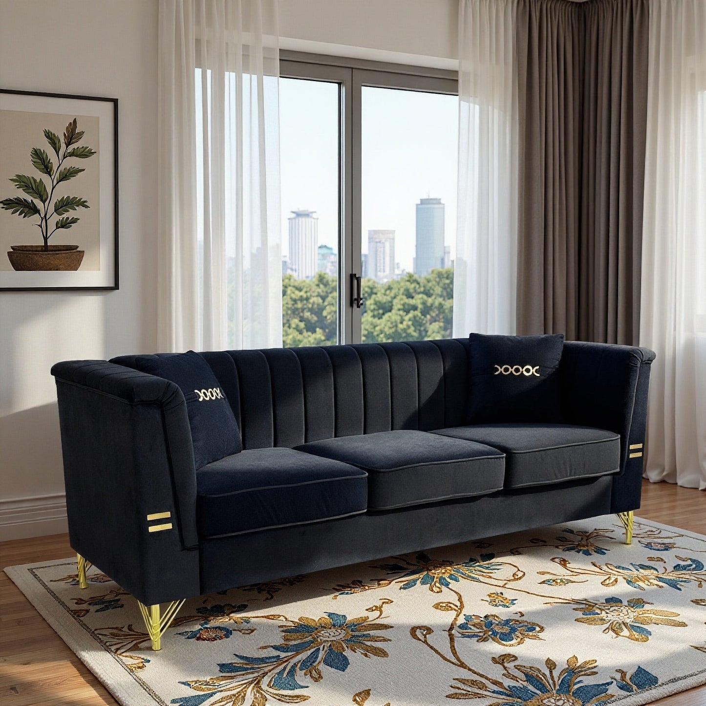 FX-P82-BK2 Modern Velvet 3-Seater Sofa with 2 Pillows