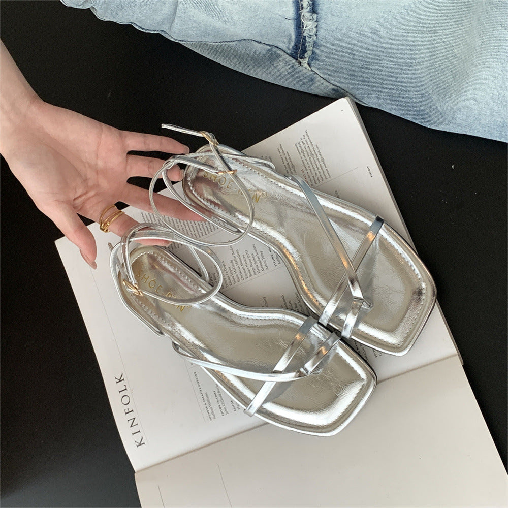 Square-toe Cross-strap Thong-style Flat Sandals