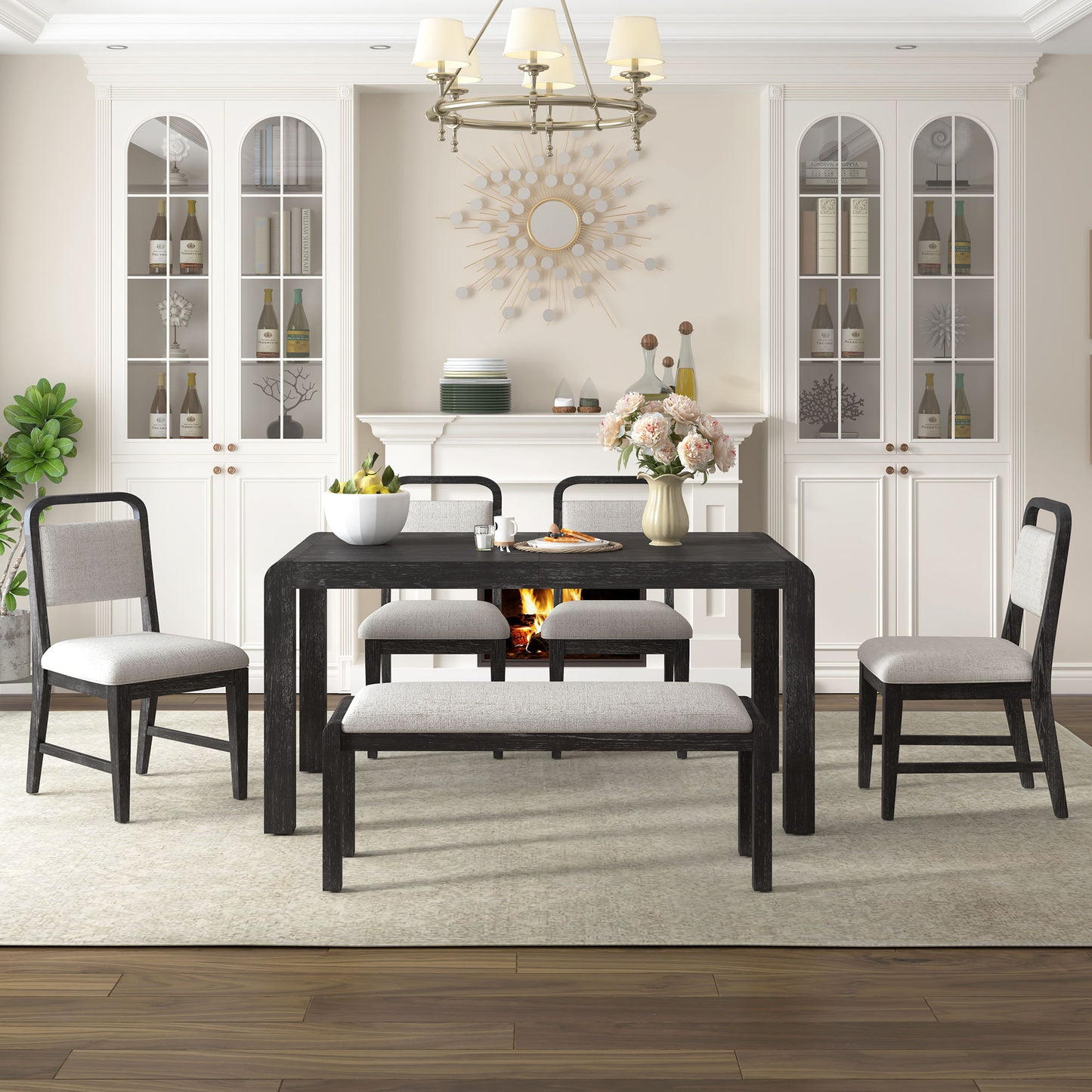 Extendable Dining Table Set With 4 Upholstered Chairs And 1 Bench