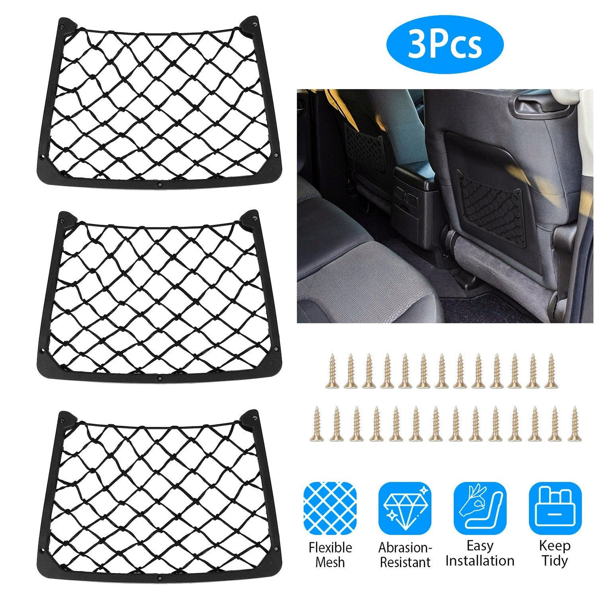 3Pcs Mesh Pockets Seat Side Back Wallet Phone Storage Net Bag Framed Stretch Car Bus Organizer Holder For Auto RV SUV Boat