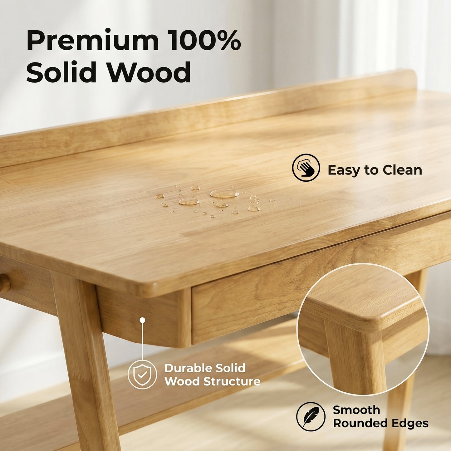 Solid Wood Writing Desk with 2 Drawers & Storage Shelf