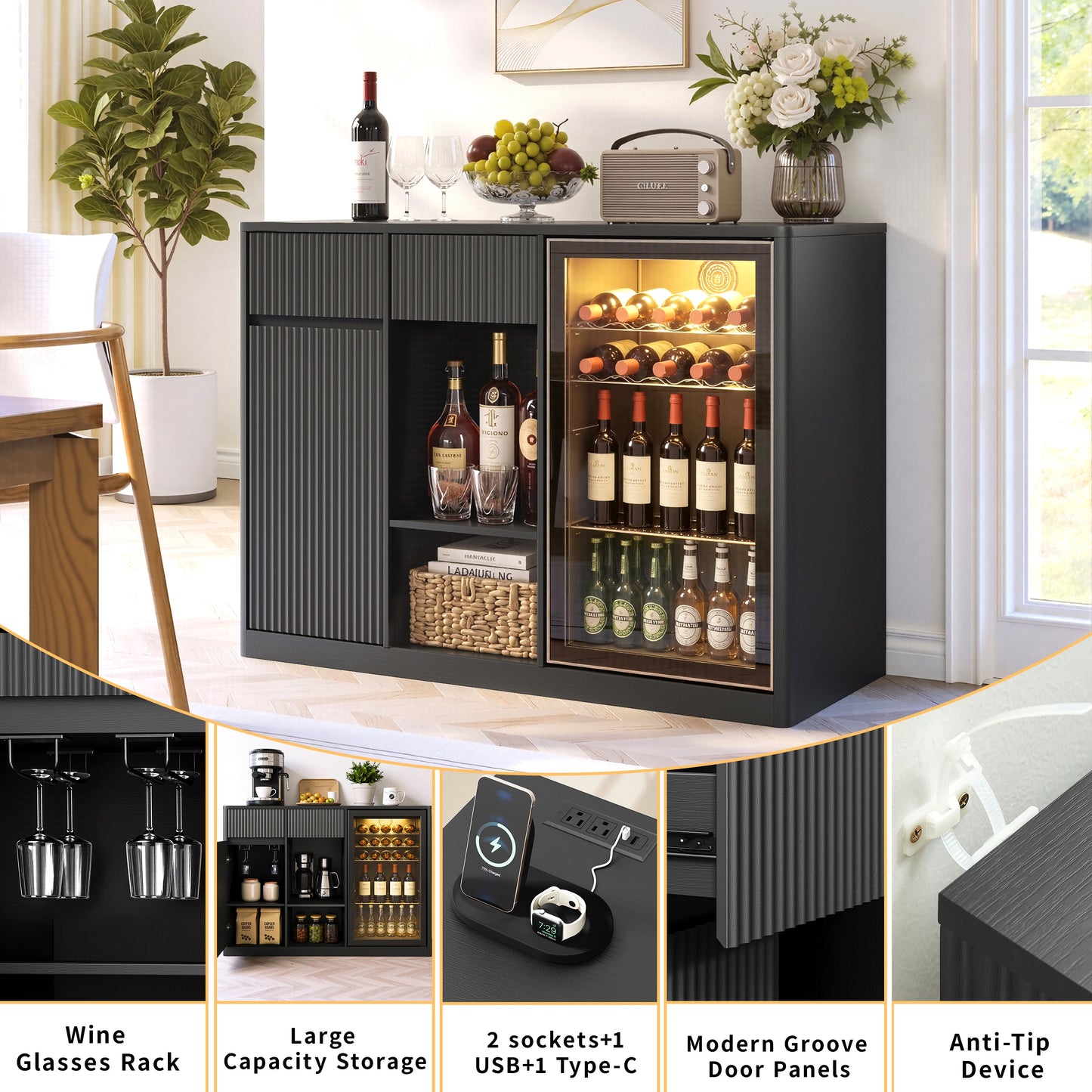 51.2" Modern Fluted Bar Cabinet with Fridge Compartment