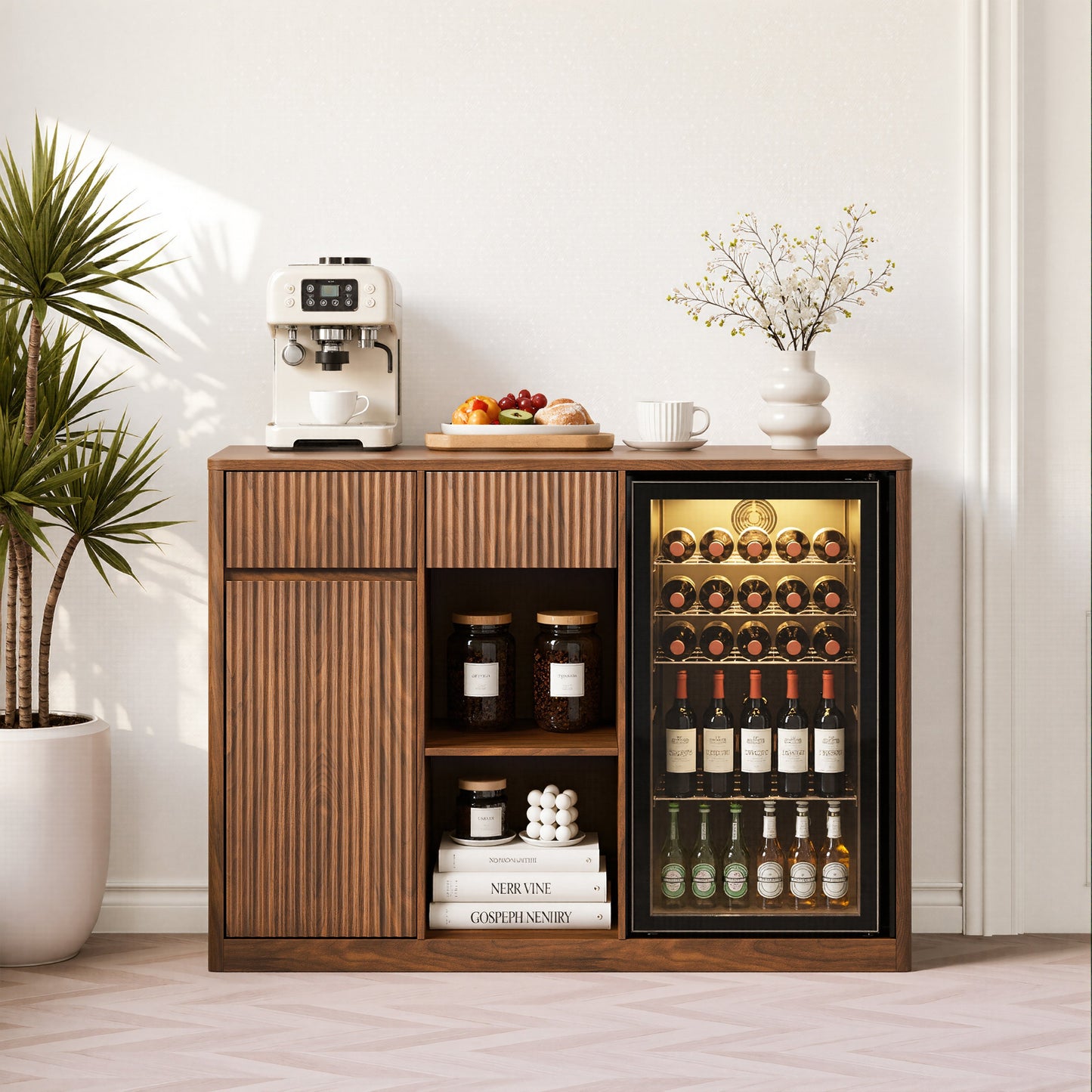 51" Fluted Bar Cabinet with Fridge Space and Wine Glass Rack