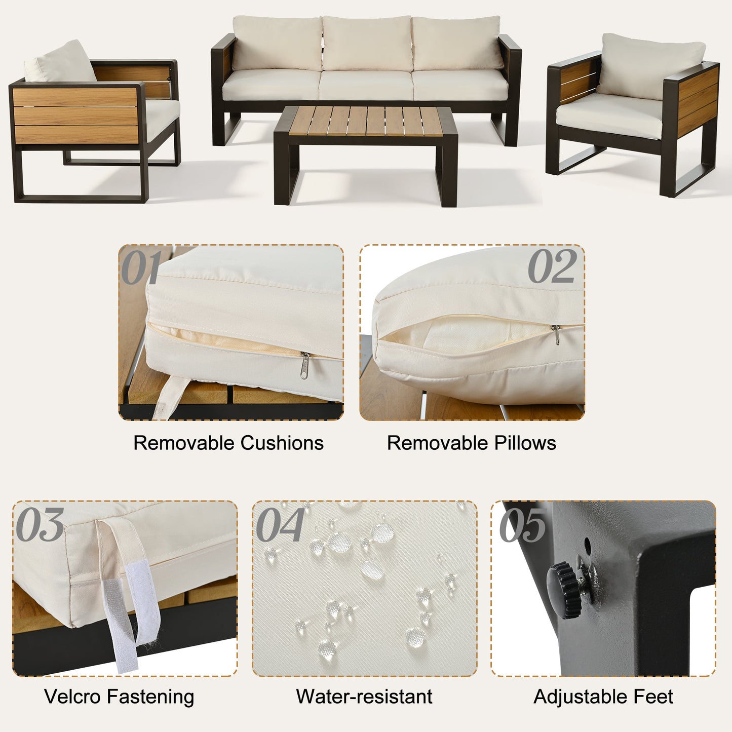 Aluminum Frame Large 4-Piece Outdoor Patio Furniture Set for 5 Person