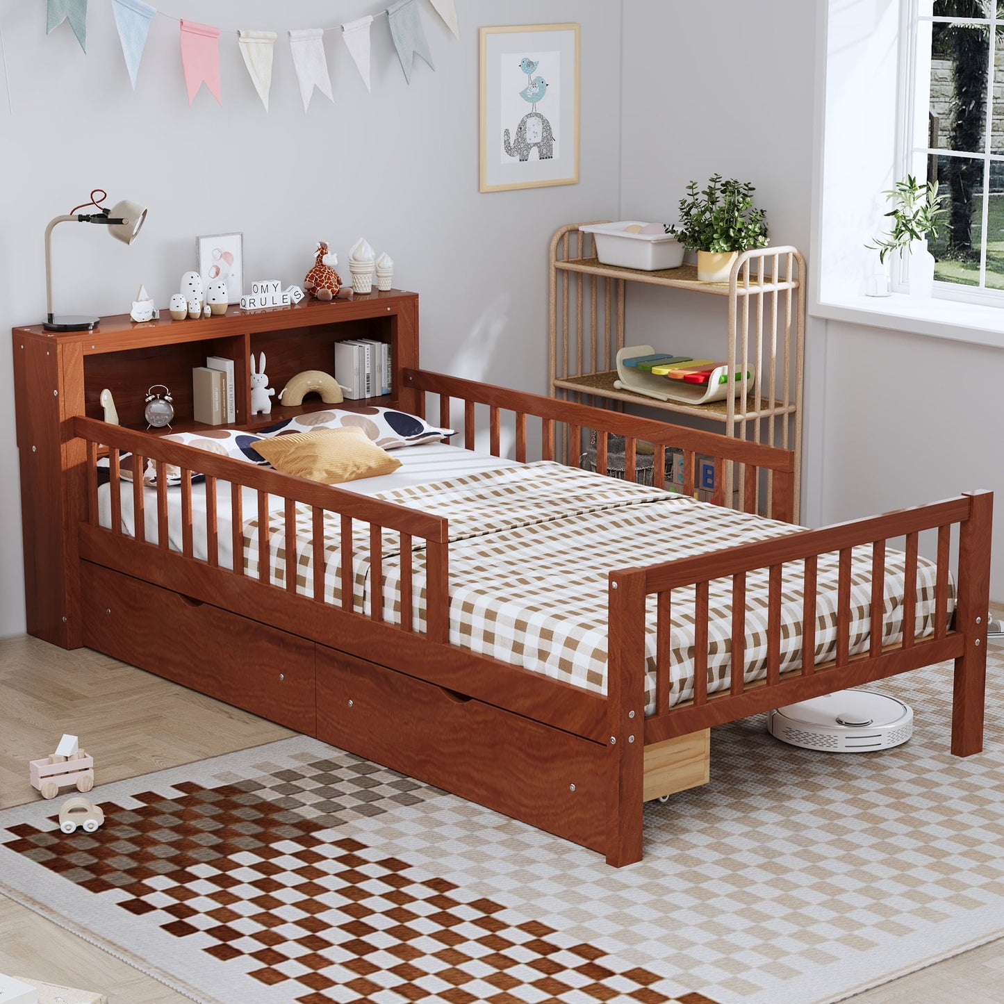 Bed With Headboard Storage Rack, 2 Under Bed Drawers, 3 Side Guardrails For Safety