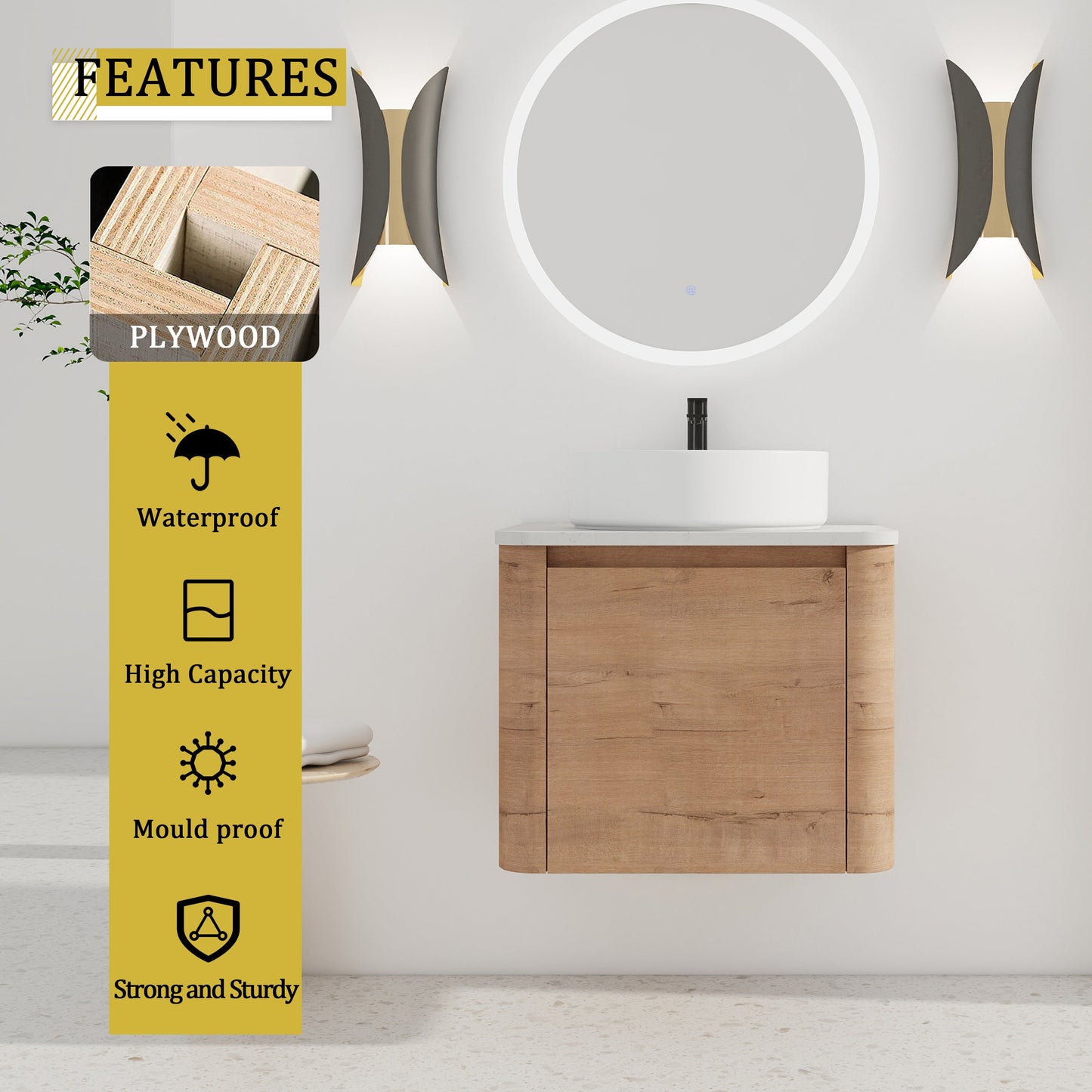 24" Wall-Mounted Bathroom Vanity With Ceramic Art Sink & Soft-Close Door