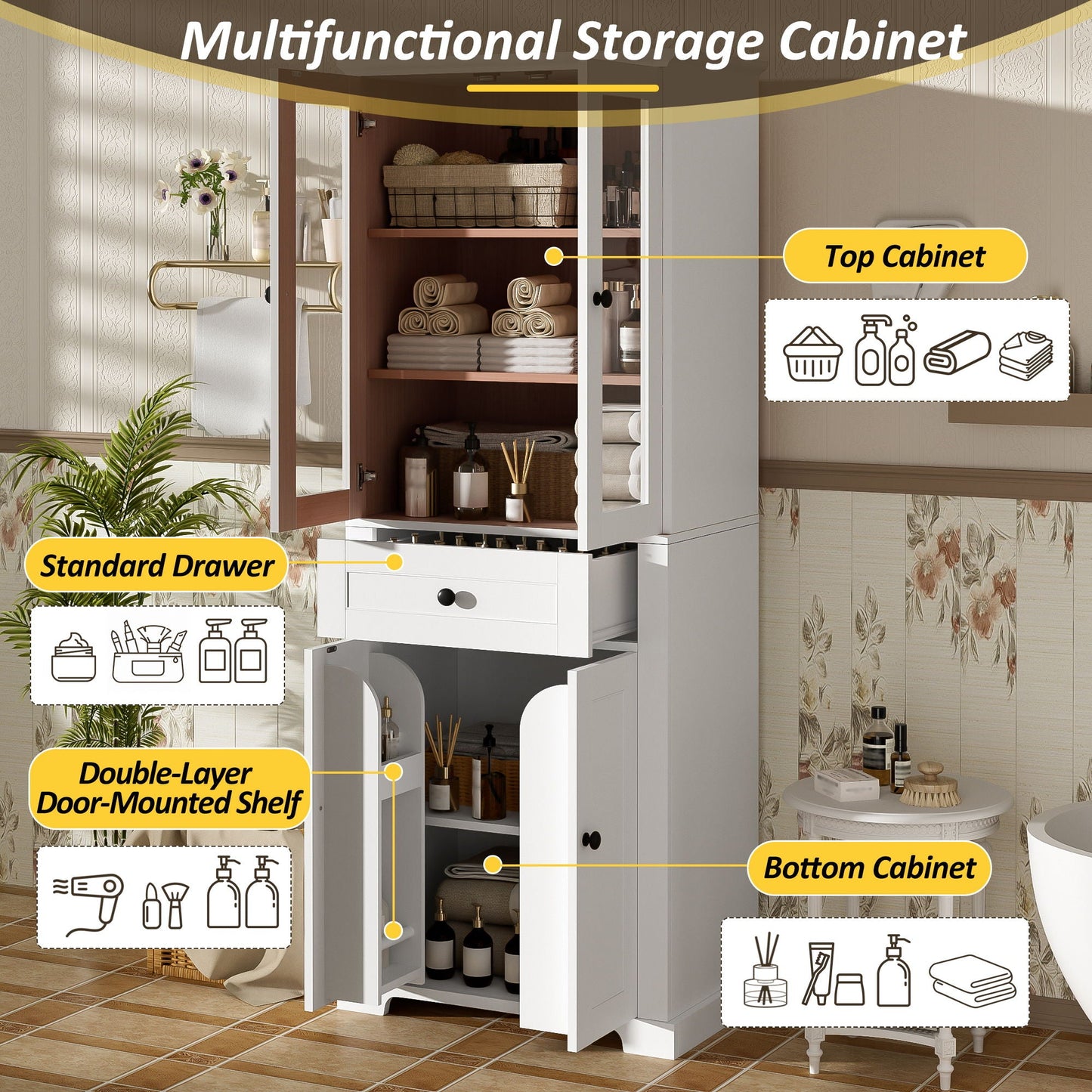 Bathroom Storage Cabinet, Adjustable Shelves & Drawer, Freestanding Tower