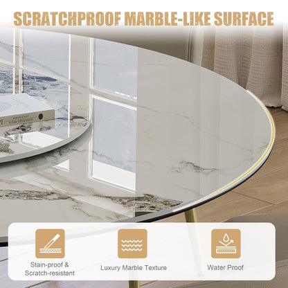Luxury Round 59" Sintered Stone Dining Table With Stainless Steel Hourglass Base, Scratch & Heat Resistant Surface - Golden / White