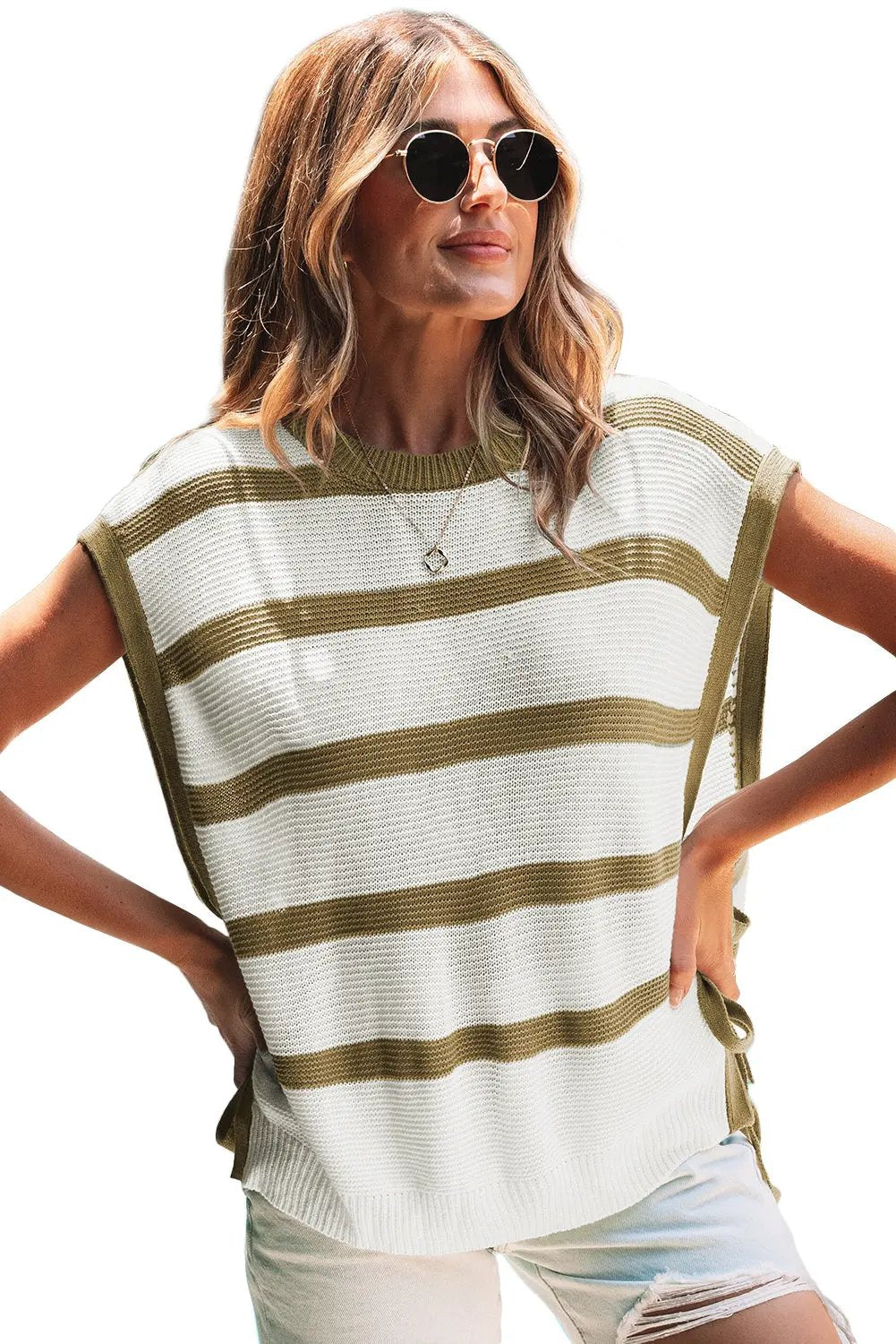 Sweaters Love Salve Khaki Stripe Sweater Women's Daily Knit Top Open Side Casual