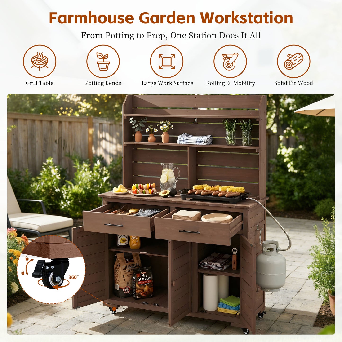 TOPMAX 65"H Large Garden Potting Bench with Storage and Lockable Wheels