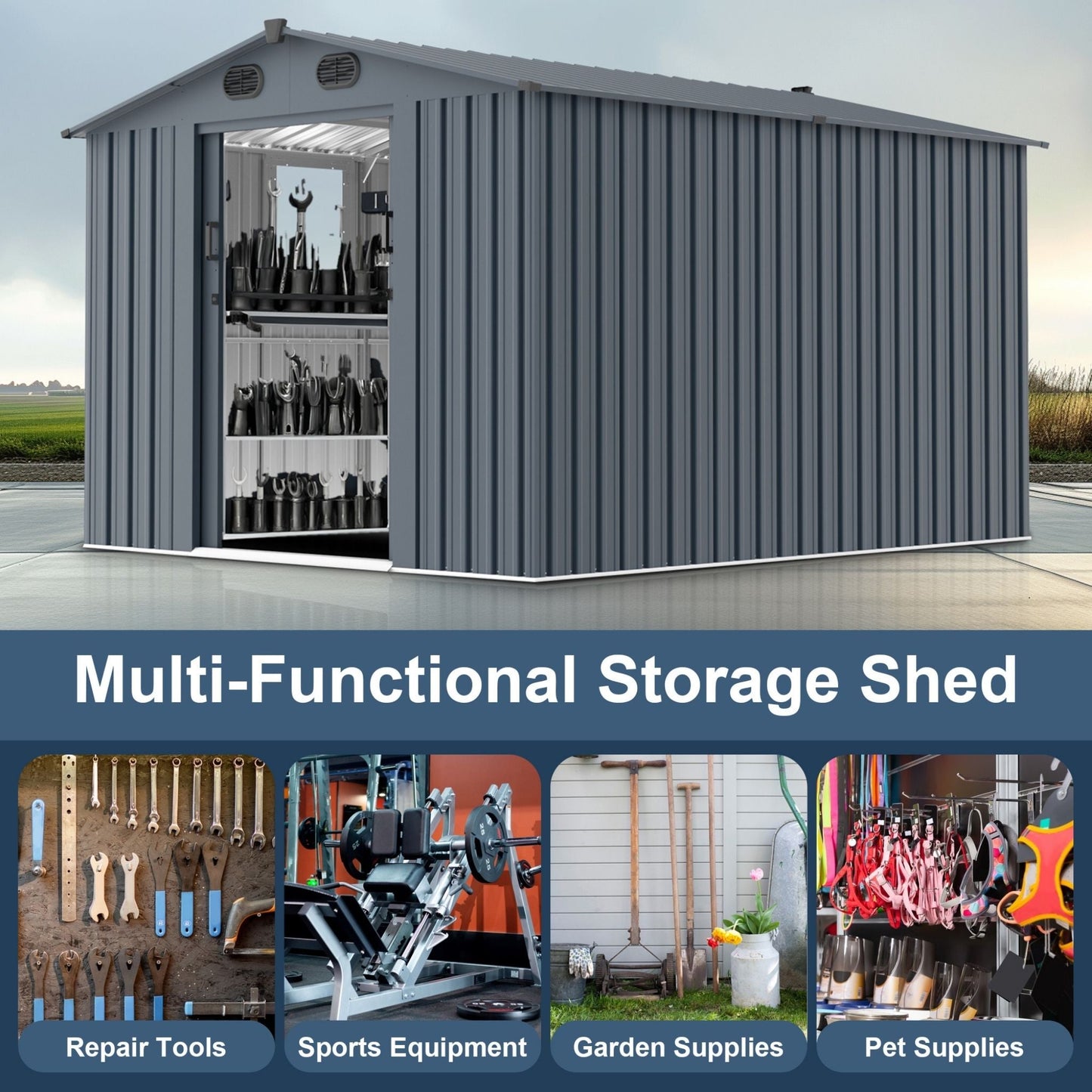 [08X10FT] Alora Large Outdoor Metal Backyard Garden Storage Tool Shed With Window And Lockable Doors (SAK68140)