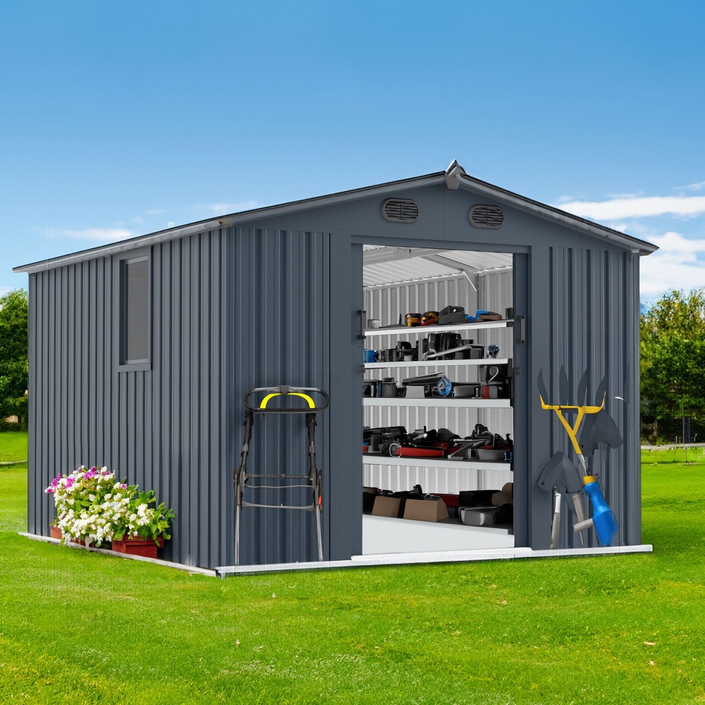 [08X10FT] Alora Large Outdoor Metal Backyard Garden Storage Tool Shed With Window And Lockable Doors (SAK68140)