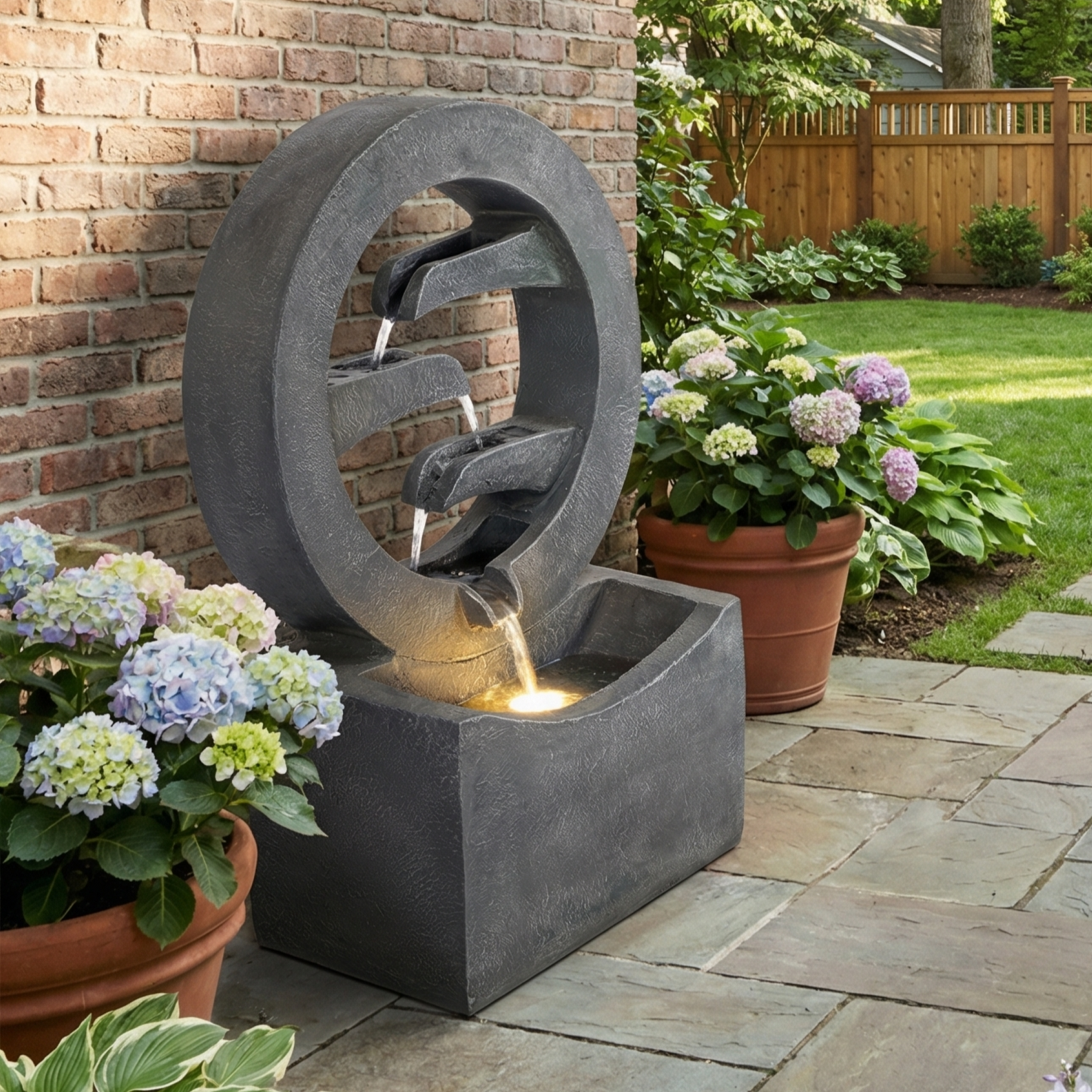 26.77'H Gray Circular Polyresin Outdoor Water Fountain with LED Light