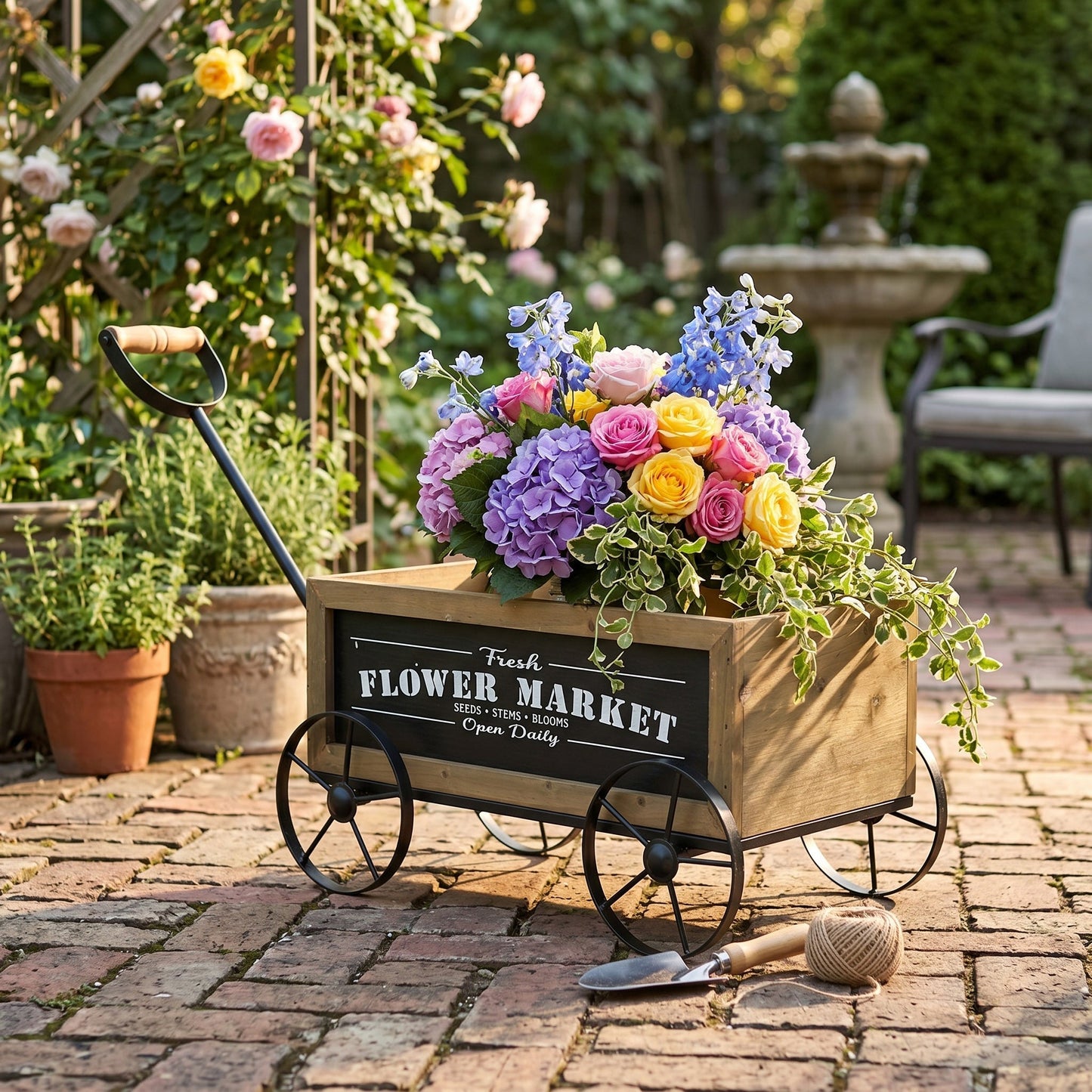 16.5x9.5x8" Rustic Wooden Wagon Planter with Flower Market Sign