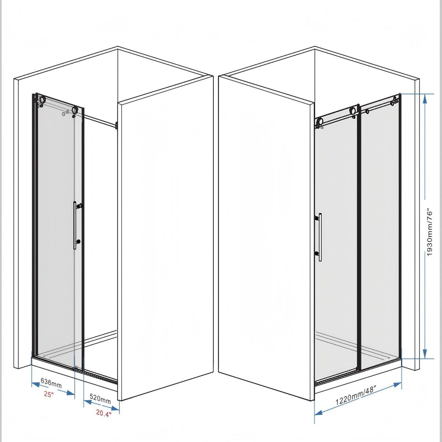 Frameless Shower Door, Smooth Sliding Tracks