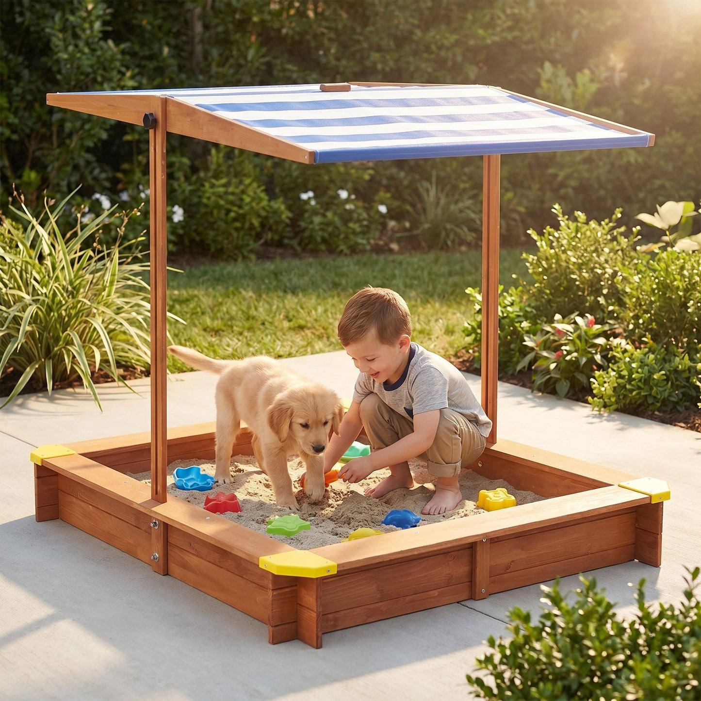 Kids Sandbox With Cover, Sand Box With Adjustable Canopy, Large Outdoor Cedar Sandpit For Backyard Play - Reddish Brown