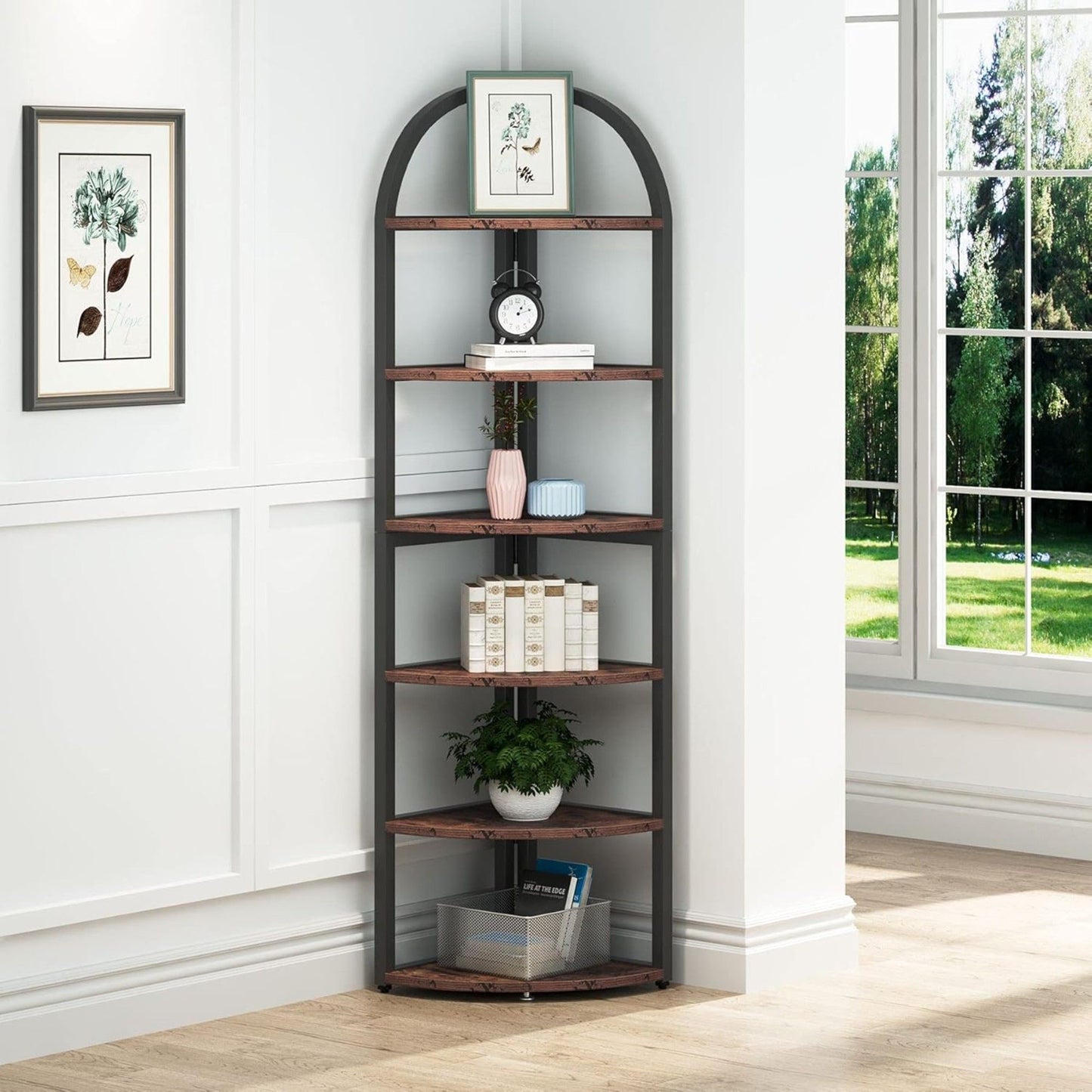 Tall 6 Tier Corner Shelf, Freestanding Bookshelf For Living Room - Rustic Brown