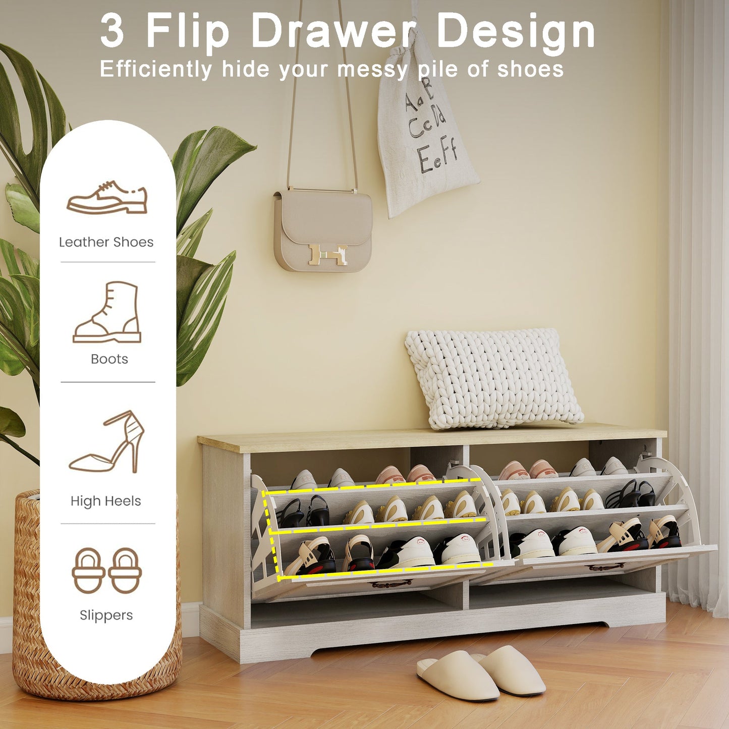 Shoe Storage Bench with 2 Flip Drawers and Adjustable Shelf - Antique