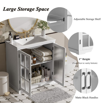 Modern Bathroom Vanity With Ceramic Sink, Tempered Blurred Glass Doors